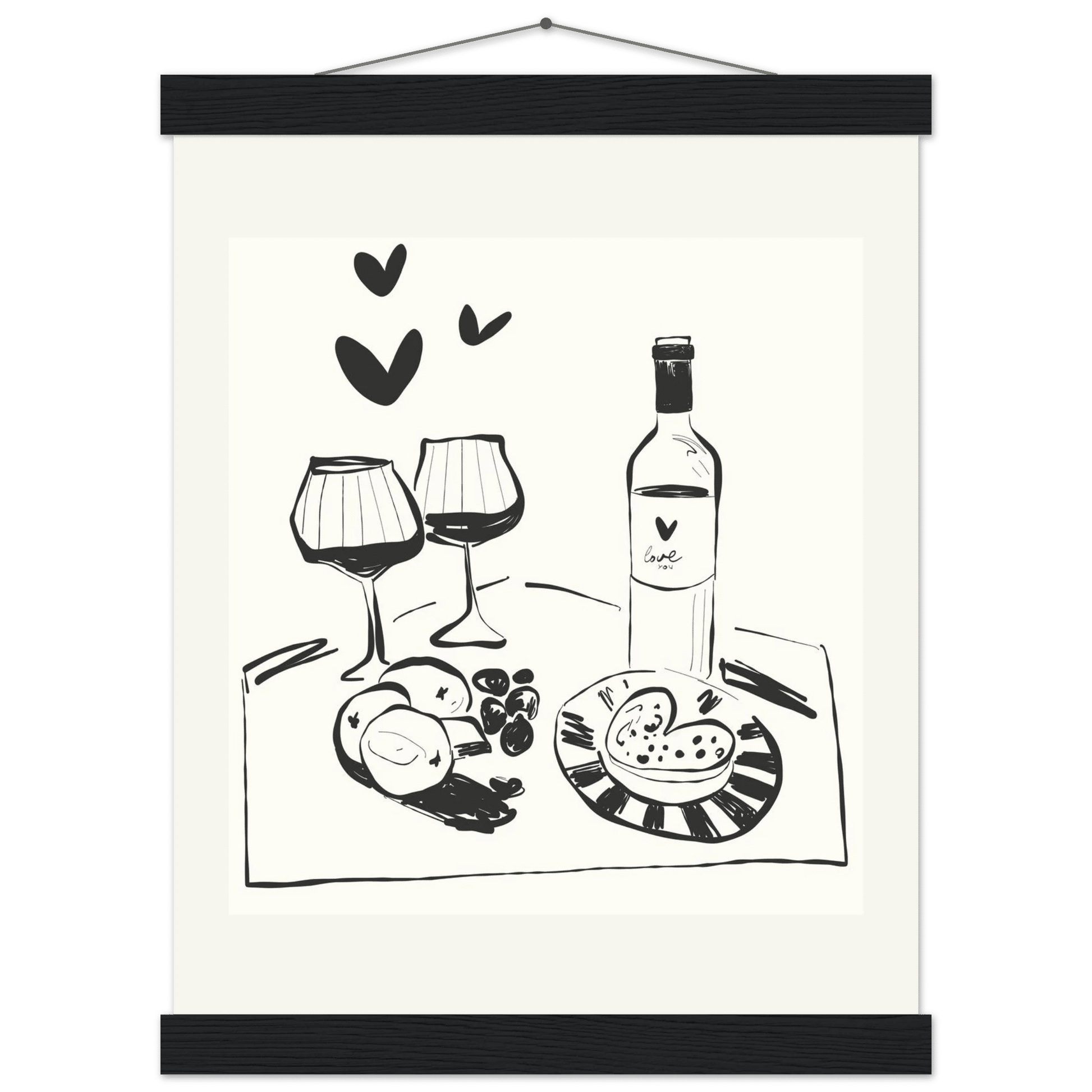 Wine for Two Print | Black Line Art Romantic Kitchen Wall Art | Couples Poster - Evergreen Posters