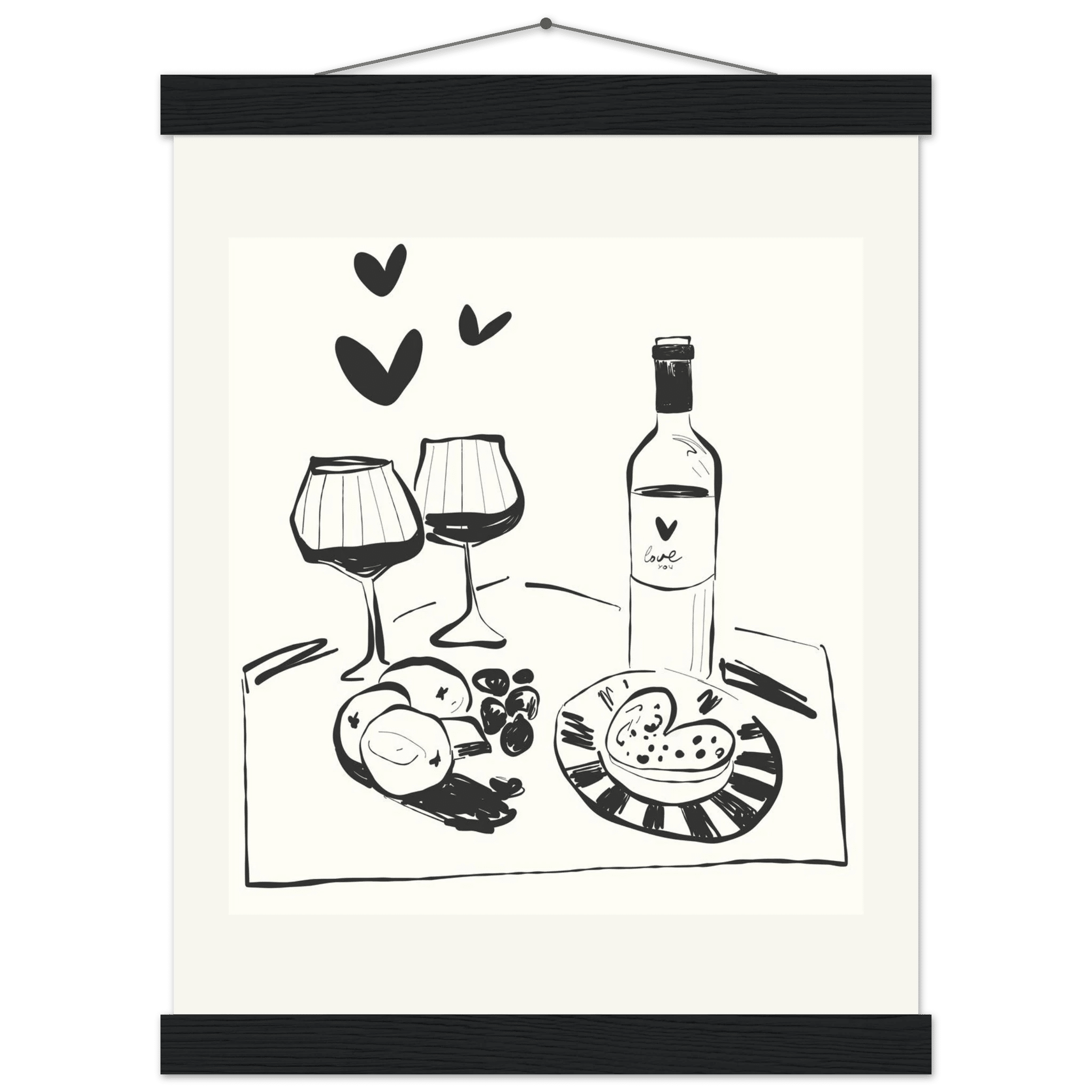 Wine for Two Print | Black Line Art Romantic Kitchen Wall Art | Couples Poster - Evergreen Posters