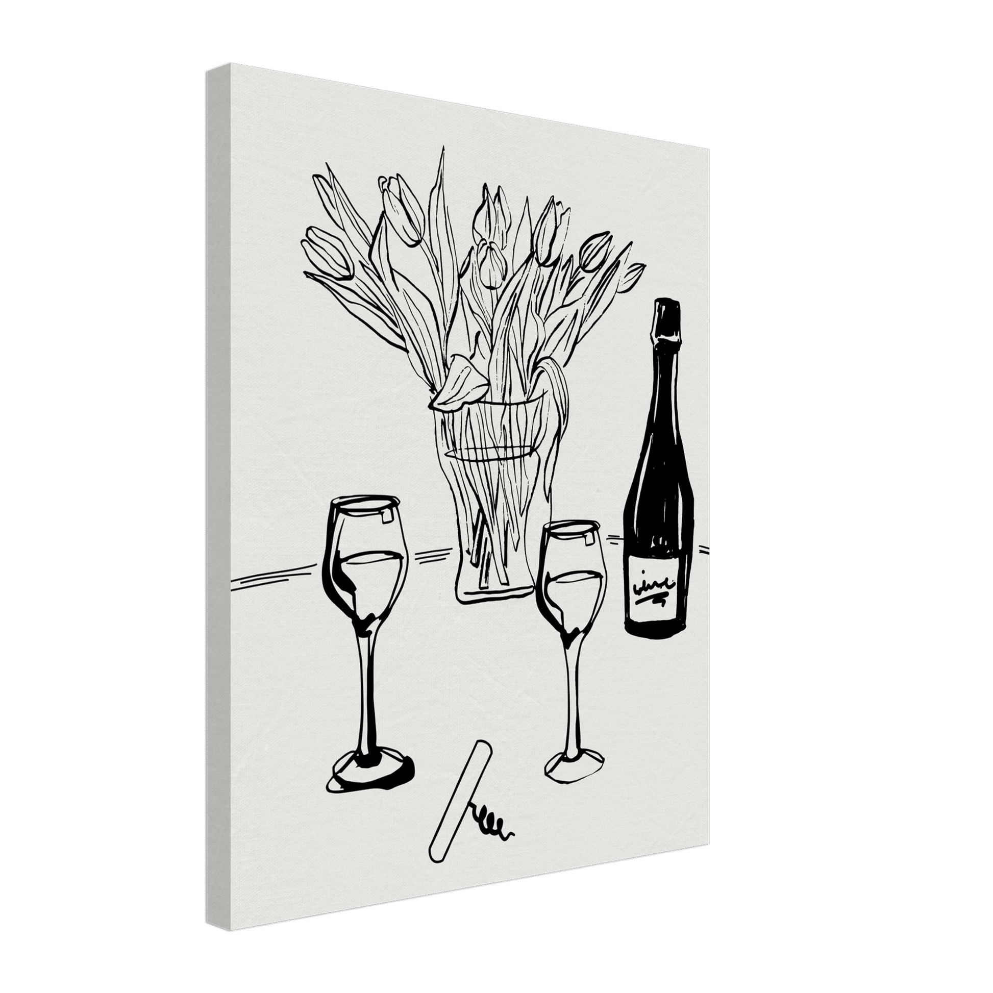 Wine & Tulips Print | Black Line Art Wine Bottle Wall Art | Minimalist Kitchen Poster - Evergreen Posters