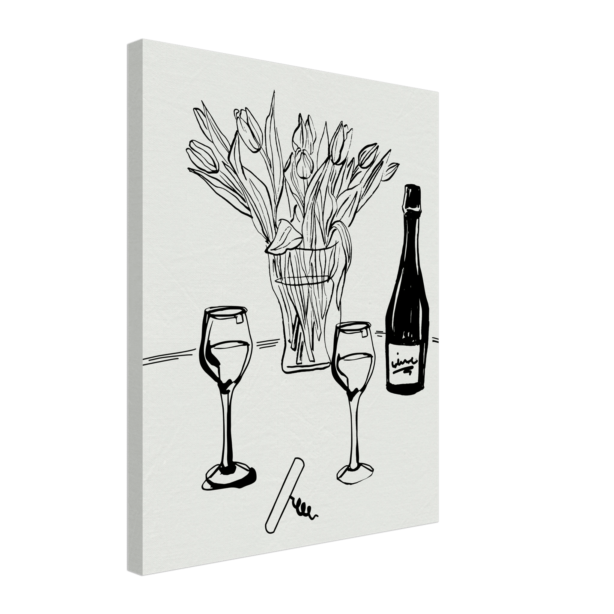 Wine & Tulips Print | Black Line Art Wine Bottle Wall Art | Minimalist Kitchen Poster - Evergreen Posters