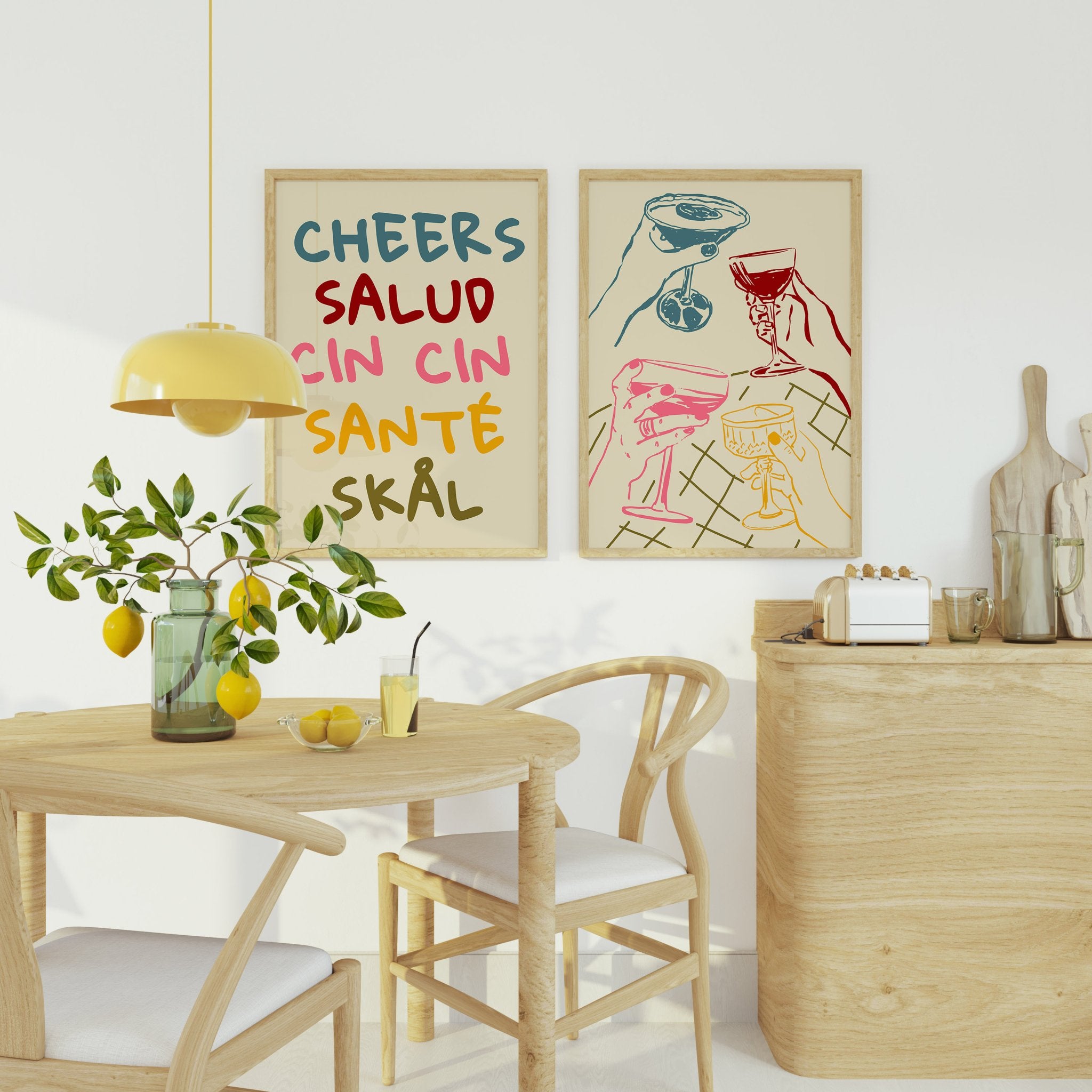 Cheers Salud Cin Cin Santé Skål | Set of 2 Colorful Bar Wall Art Prints | Kitchen Poster Set - Evergreen Posters