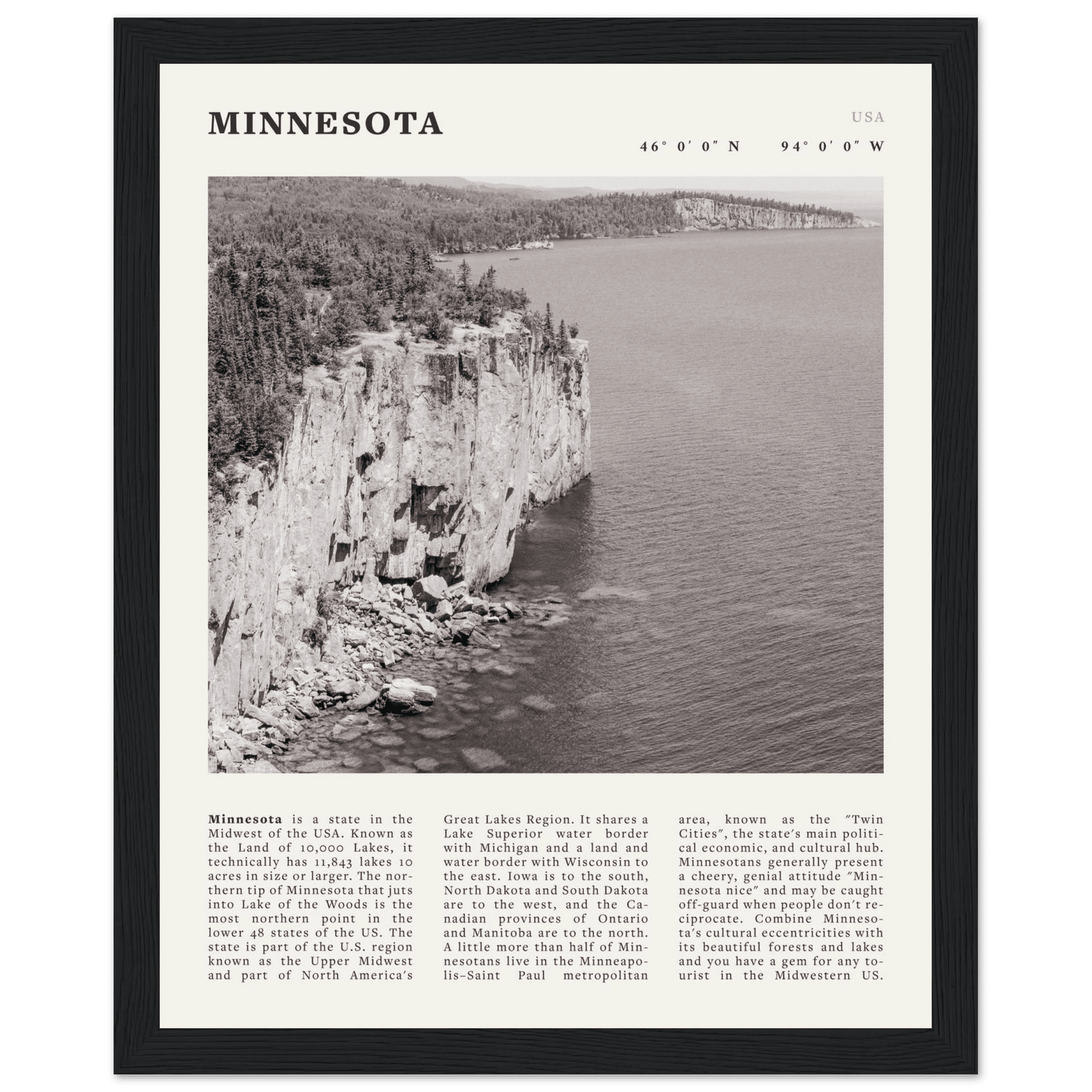 Minnesota Poster | Black & White Lake Superior Wall Art | USA Nature Travel Print - Evergreen Posters