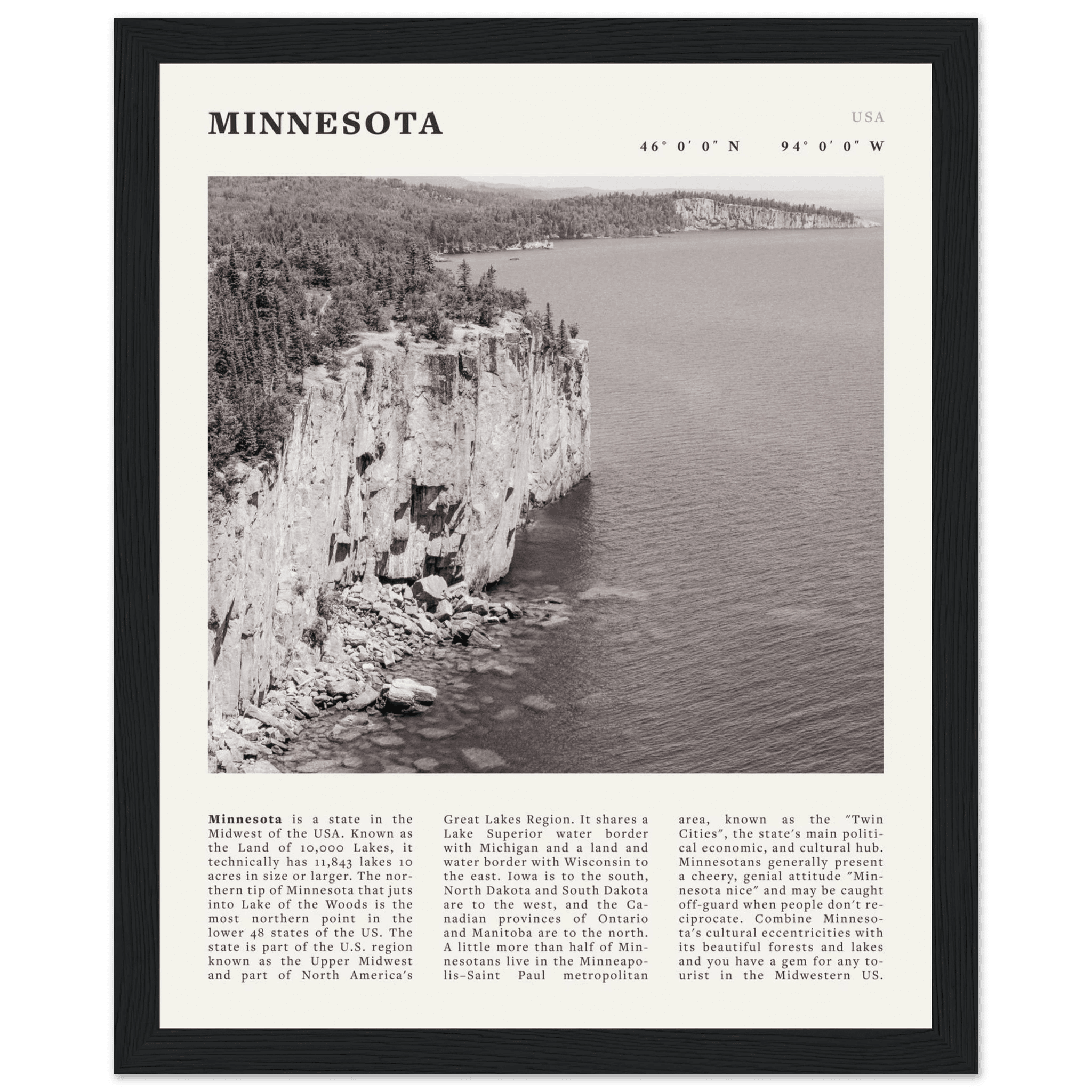 Minnesota Poster | Black & White Lake Superior Wall Art | USA Nature Travel Print - Evergreen Posters