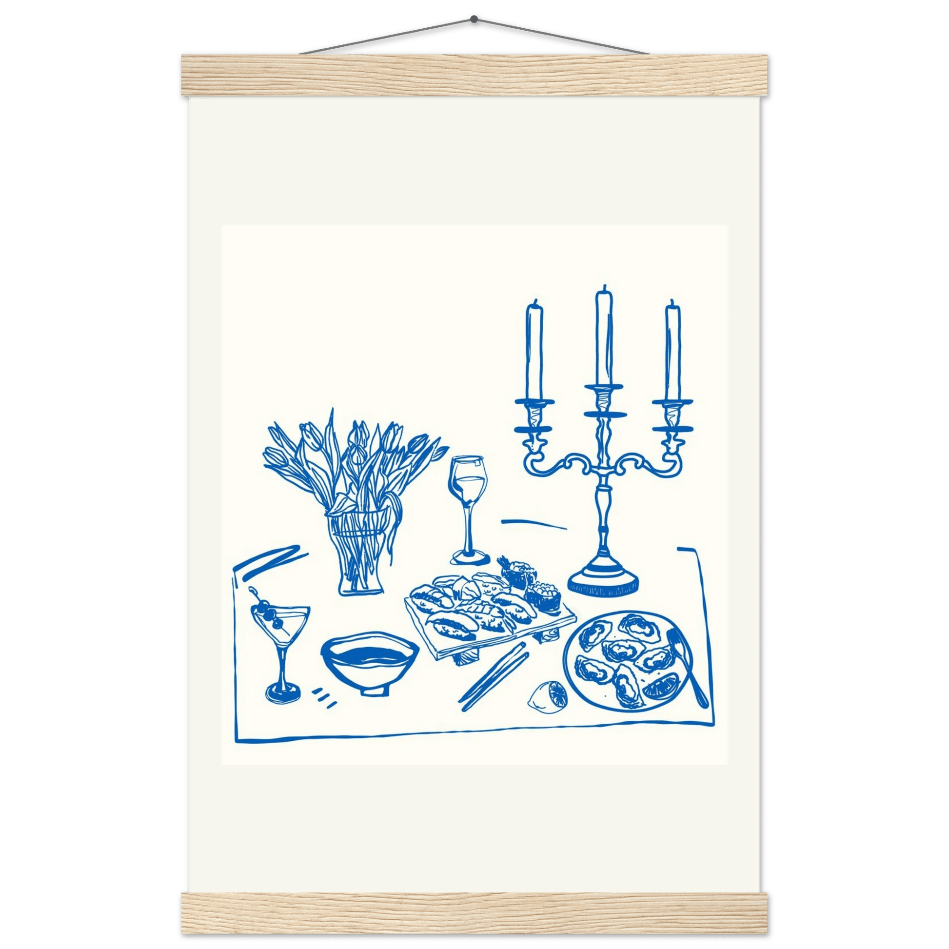 Fine Dining Table Print | Blue Line Art Kitchen Wall Art | Elegant Dining Room Poster - Evergreen Posters