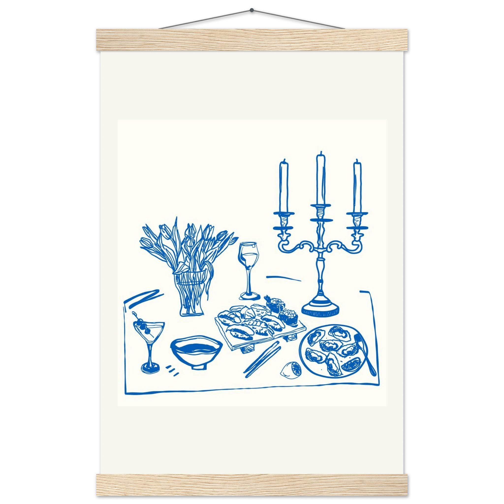 Fine Dining Table Print | Blue Line Art Kitchen Wall Art | Elegant Dining Room Poster - Evergreen Posters