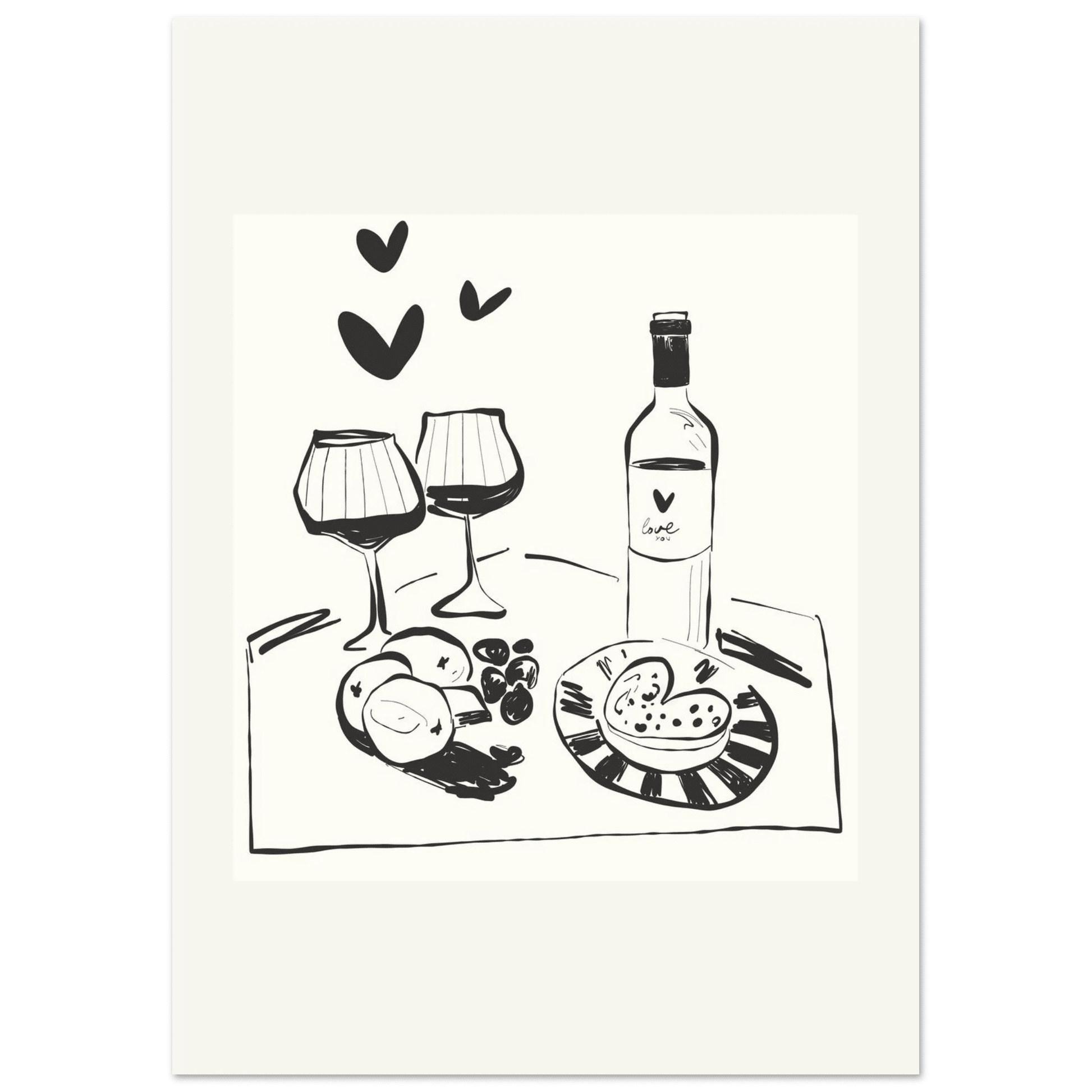 Wine for Two Print | Black Line Art Romantic Kitchen Wall Art | Couples Poster - Evergreen Posters