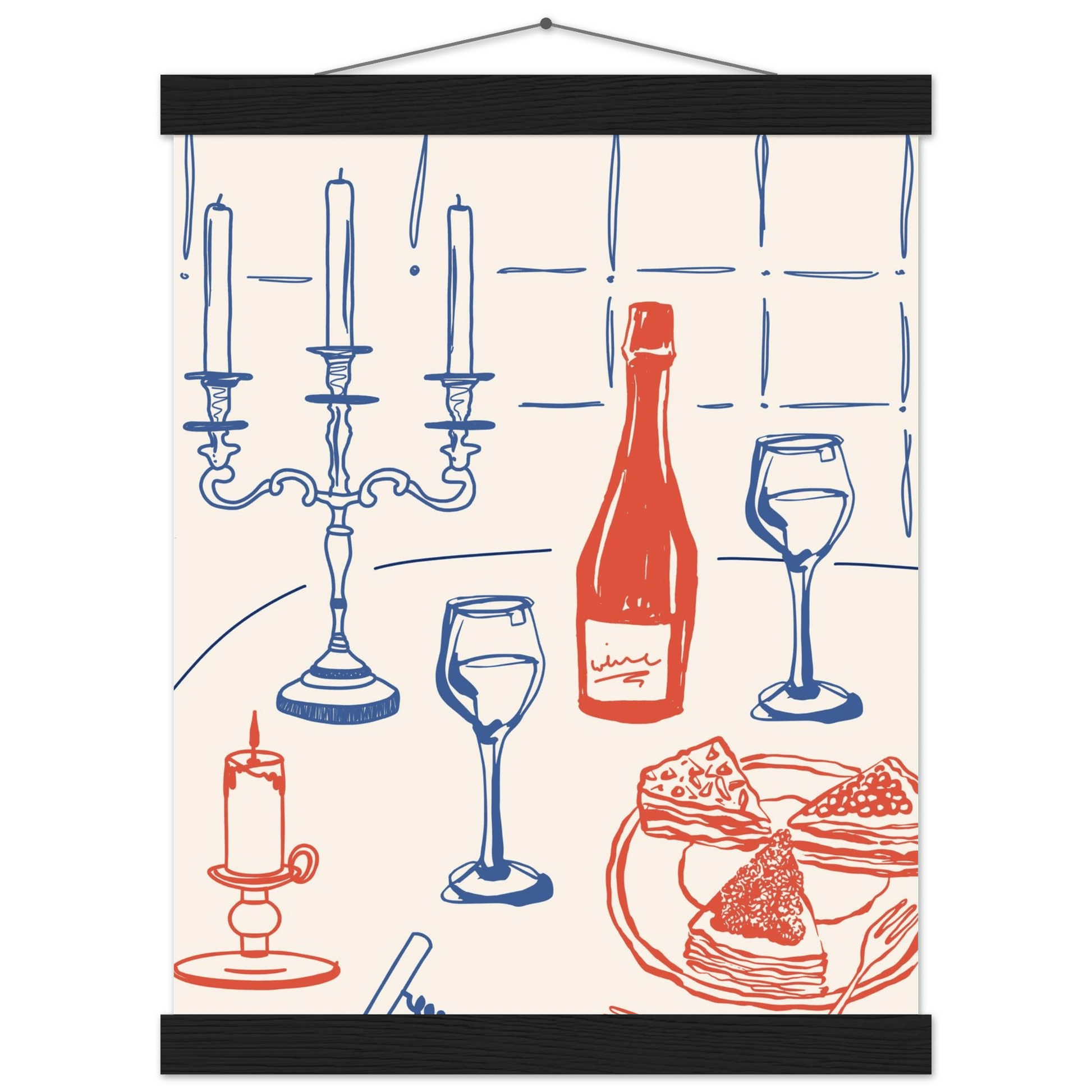 Candlelight Dinner Print | Wine & Candelabra Line Art Wall Art | Kitchen Poster - Evergreen Posters