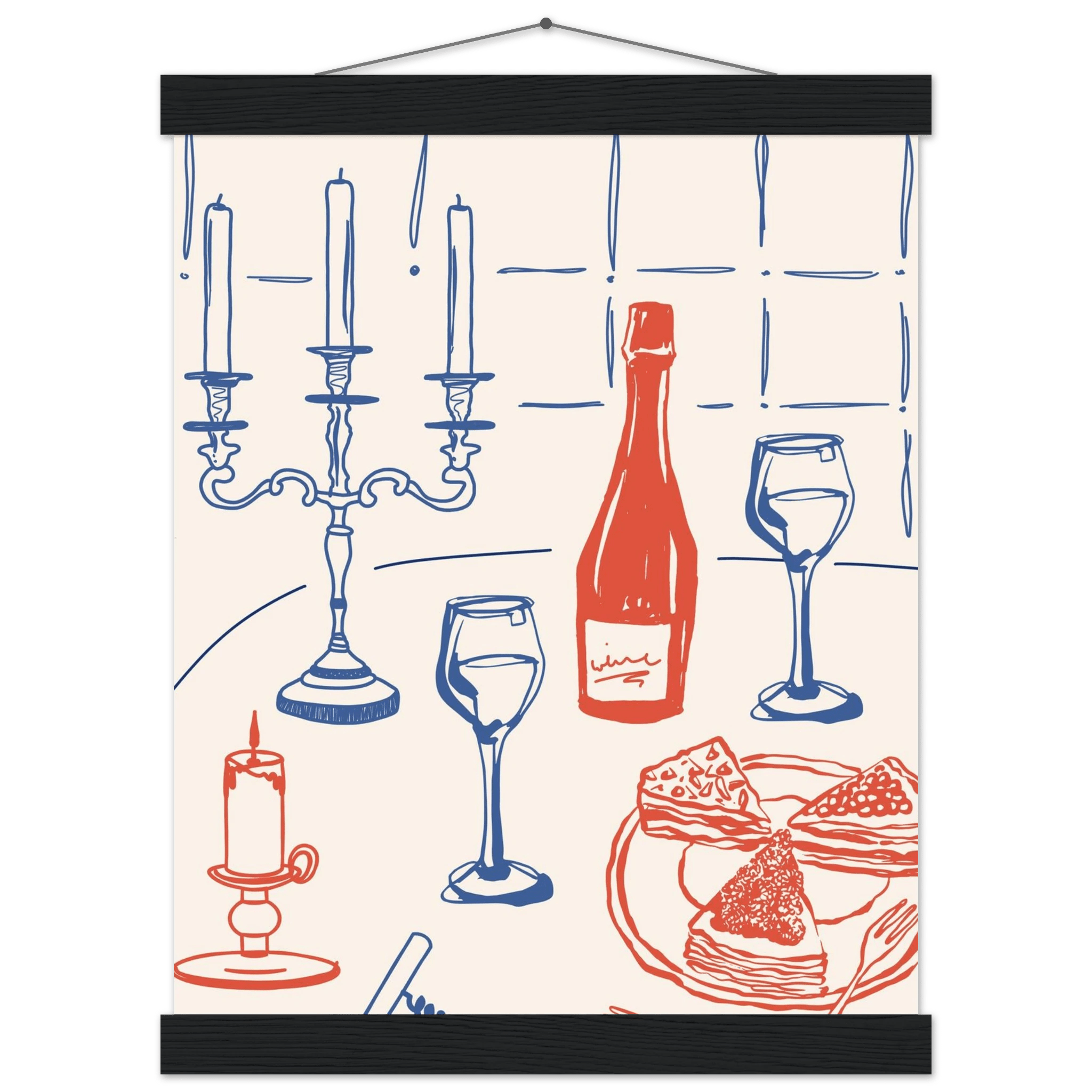 Candlelight Dinner Print | Wine & Candelabra Line Art Wall Art | Kitchen Poster - Evergreen Posters