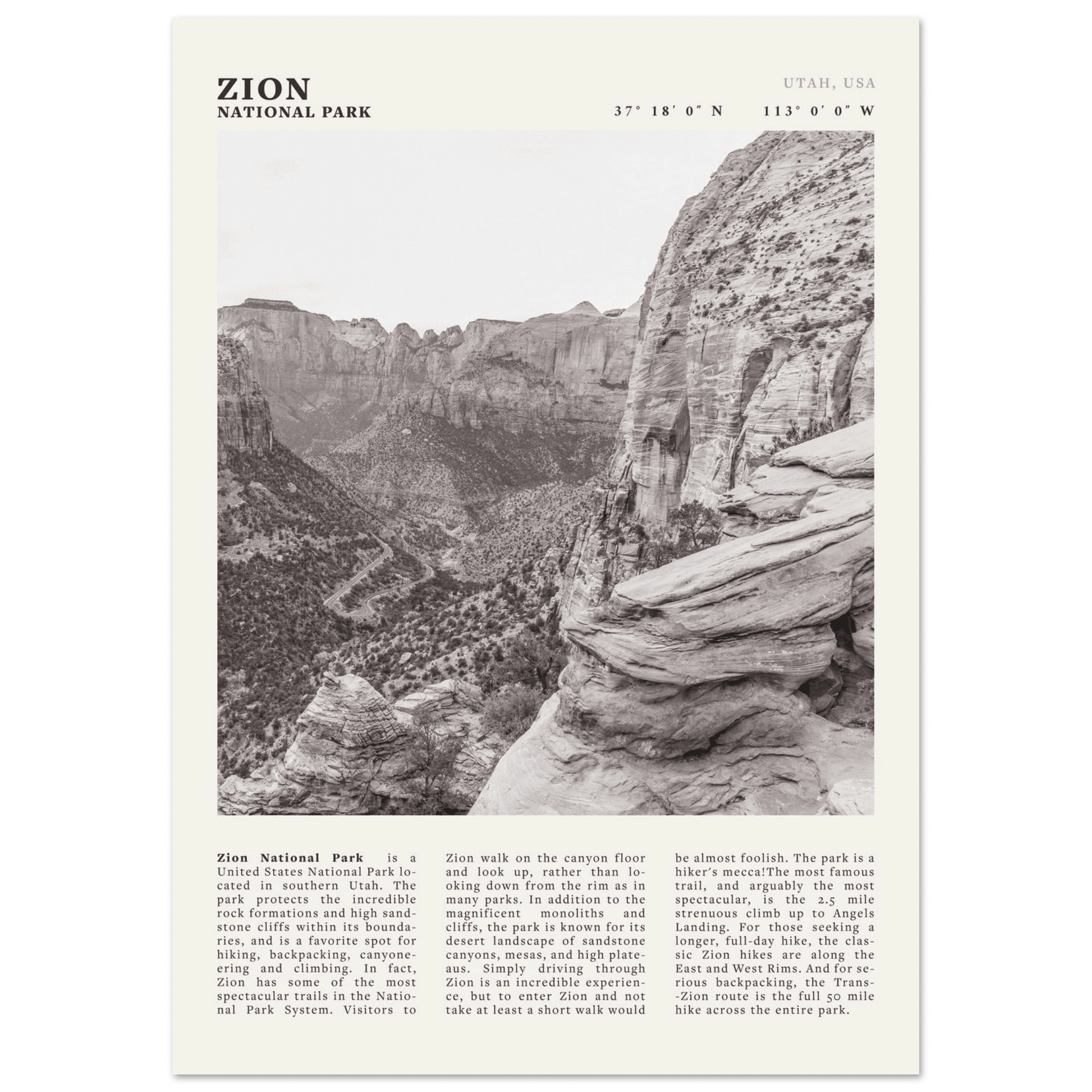 Zion National Park Poster | Black & White Utah Canyon Wall Art | USA Travel Print - Evergreen Posters