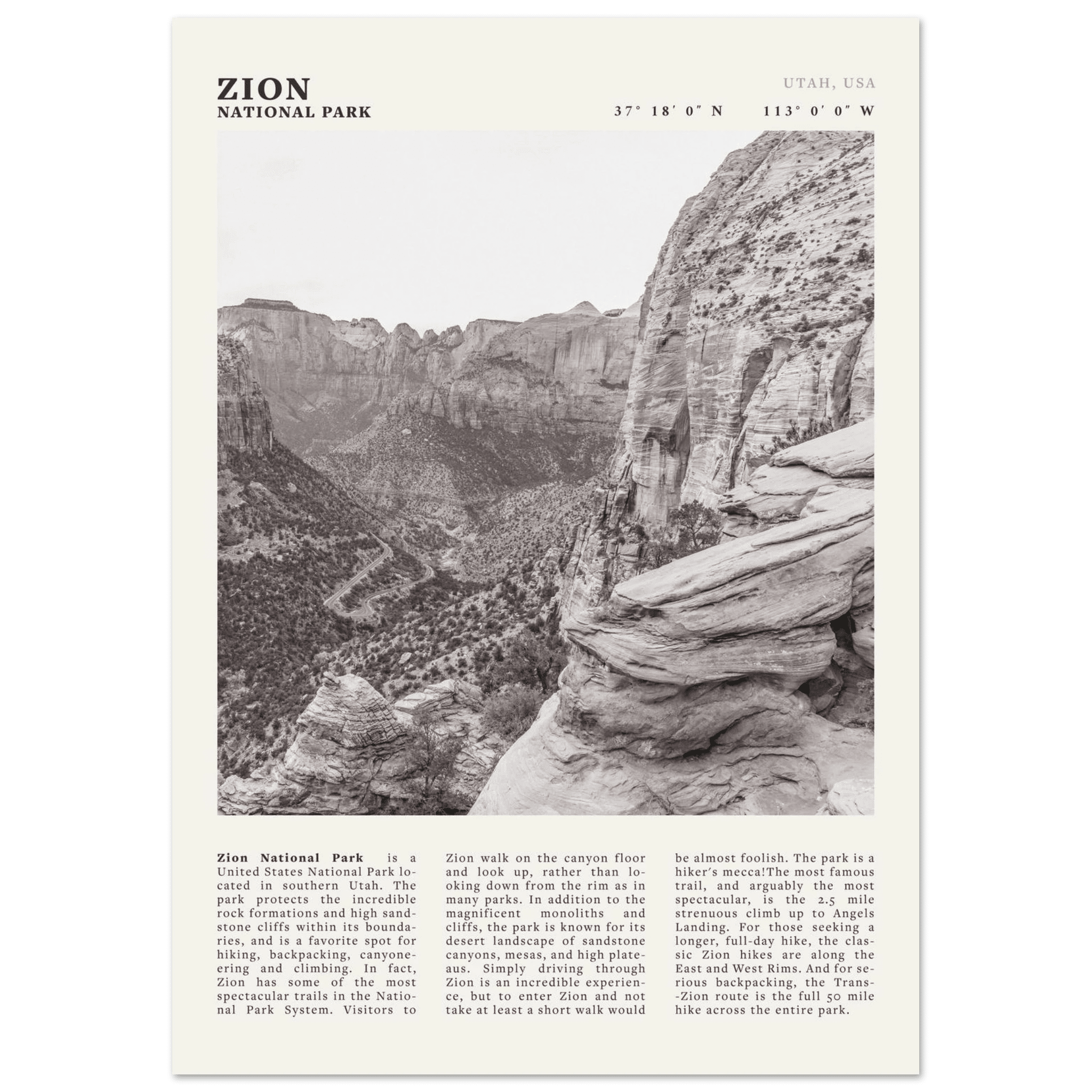 Zion National Park Poster | Black & White Utah Canyon Wall Art | USA Travel Print - Evergreen Posters