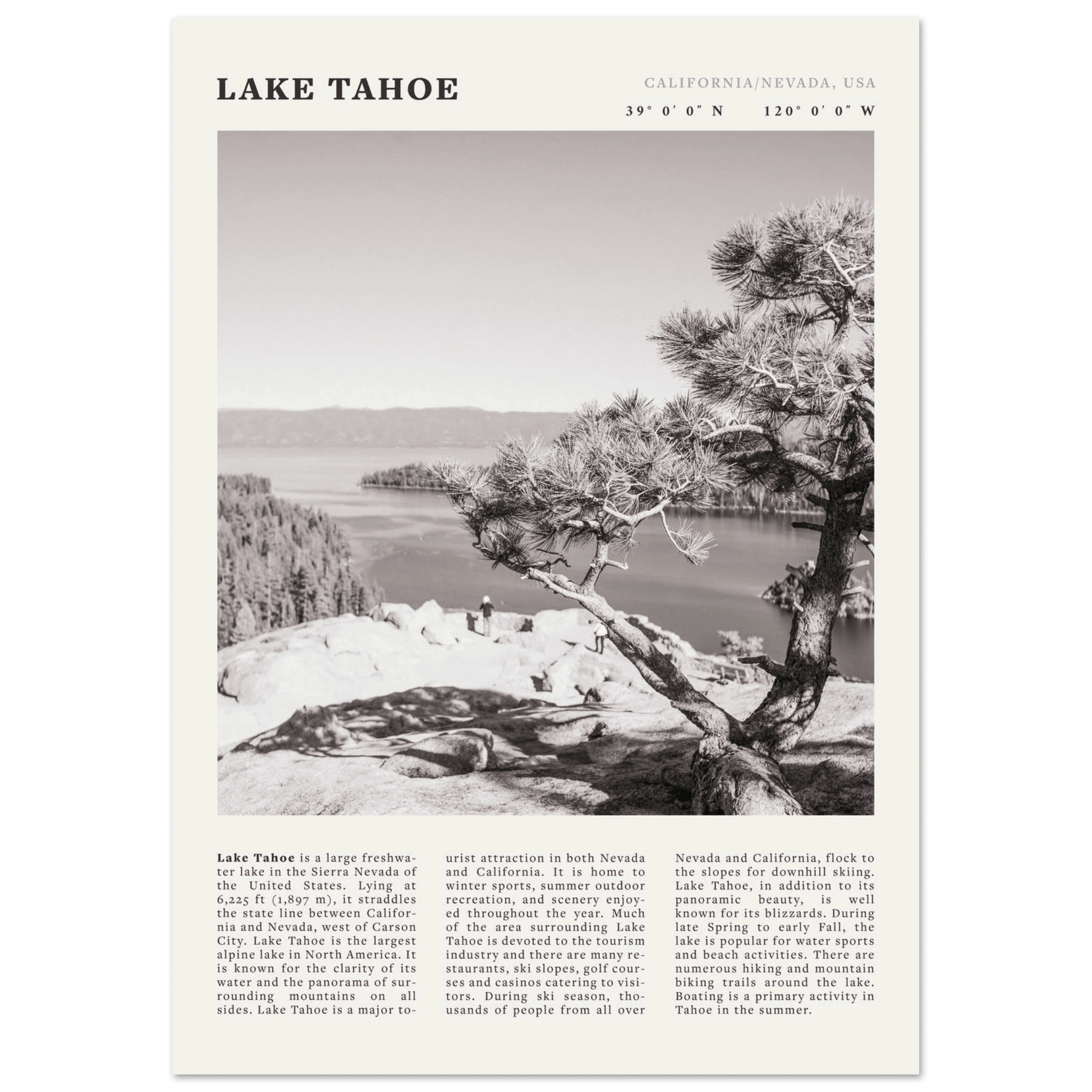 Lake Tahoe Poster | Black & White California Nevada Wall Art | Nature Travel Print Decor - Evergreen Posters