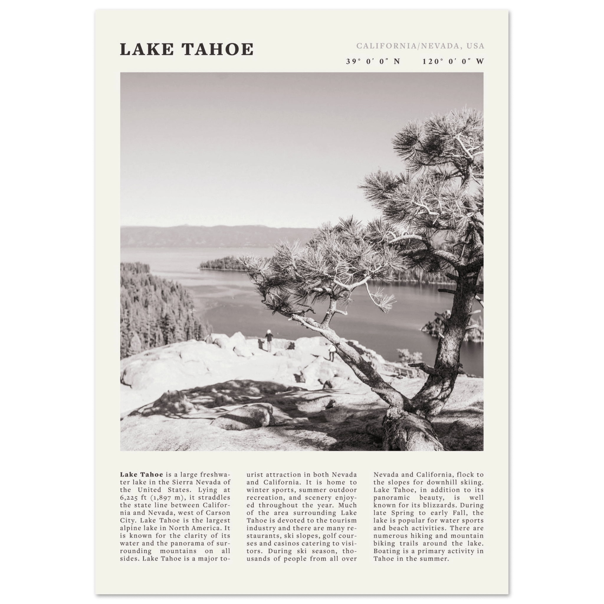 Lake Tahoe Poster | Black & White California Nevada Wall Art | Nature Travel Print Decor - Evergreen Posters