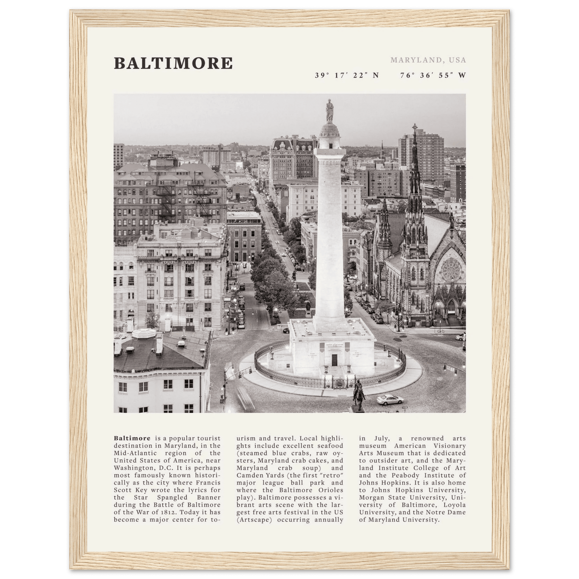 Baltimore Poster | Black & White Maryland City Wall Art | USA Travel Print - Evergreen Posters