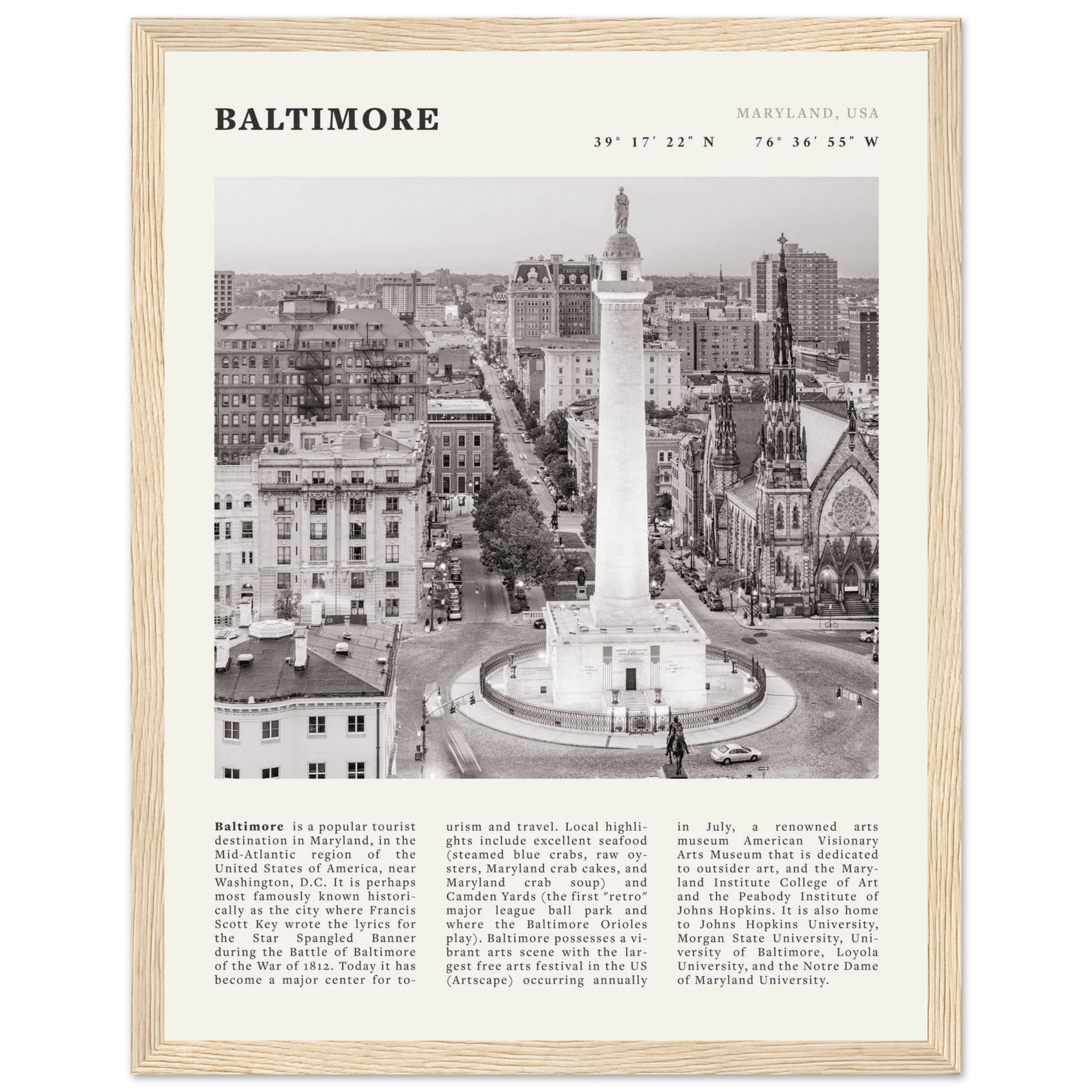 Baltimore Poster | Black & White Maryland City Wall Art | USA Travel Print - Evergreen Posters