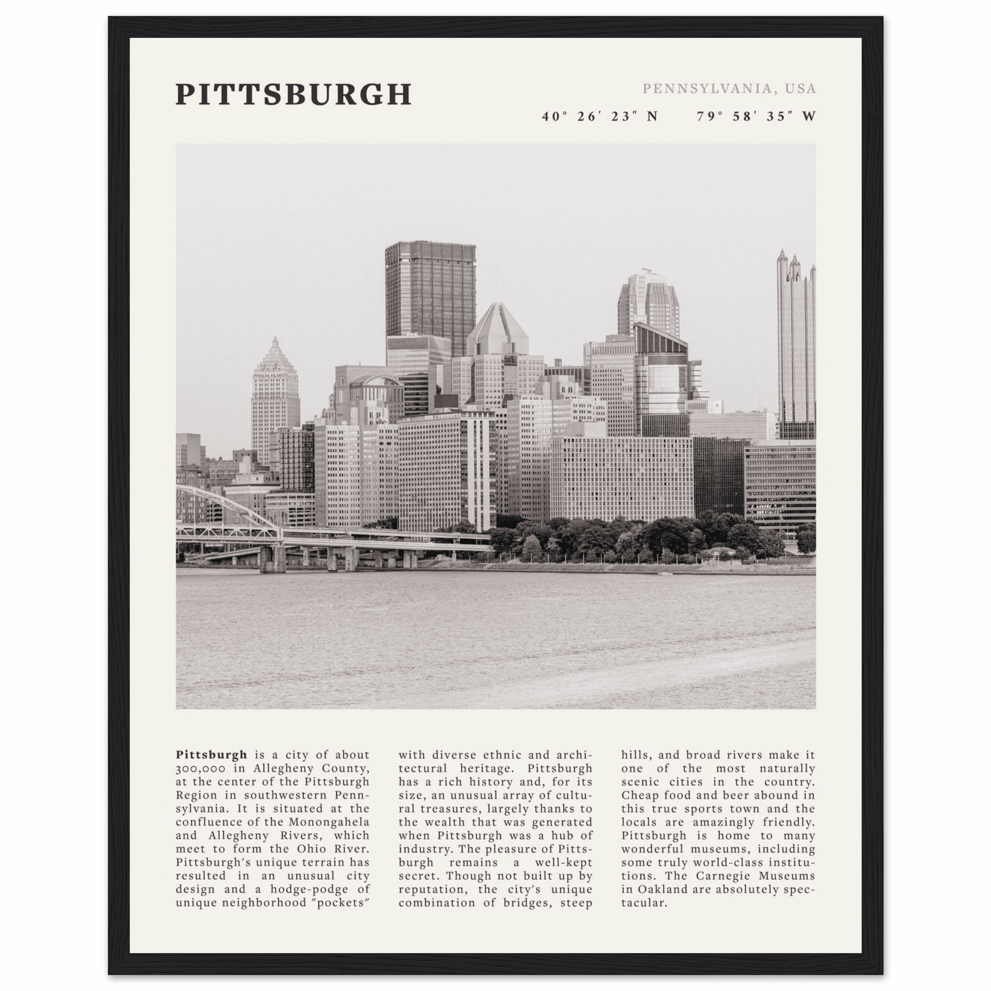 Pittsburgh Poster | Black & White Pennsylvania Skyline Wall Art | PA Travel Print - Evergreen Posters