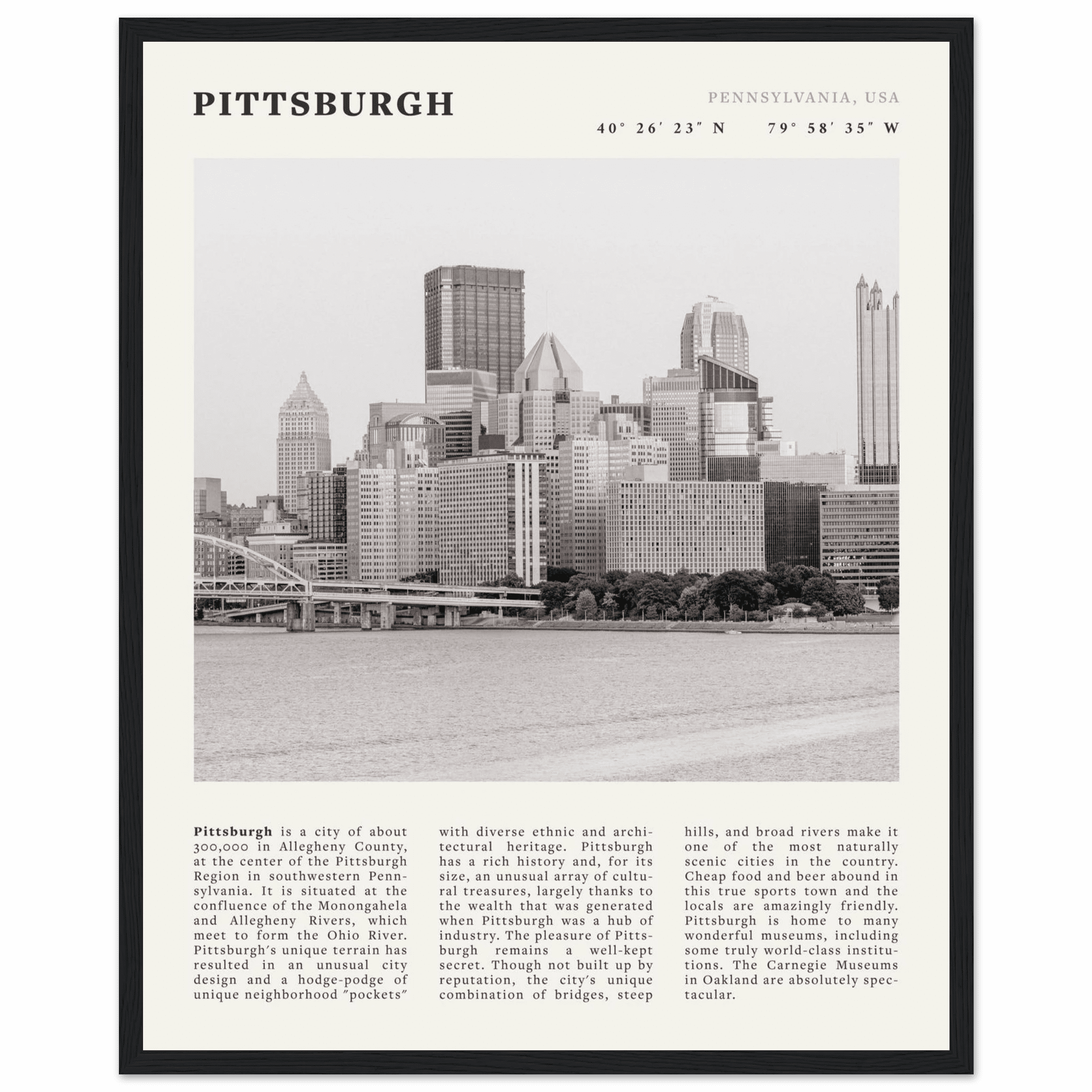 Pittsburgh Poster | Black & White Pennsylvania Skyline Wall Art | PA Travel Print - Evergreen Posters