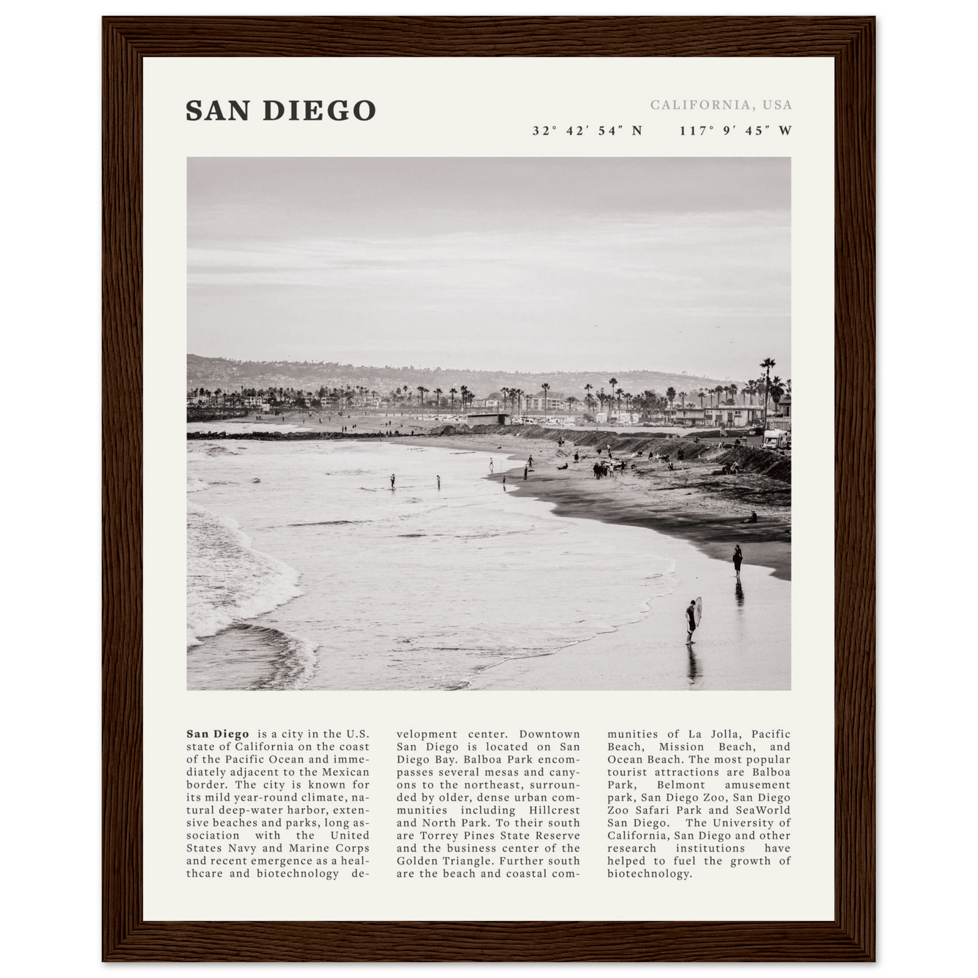 San Diego Poster | Black & White California Beach Wall Art | Coastal Travel Print Decor - Evergreen Posters