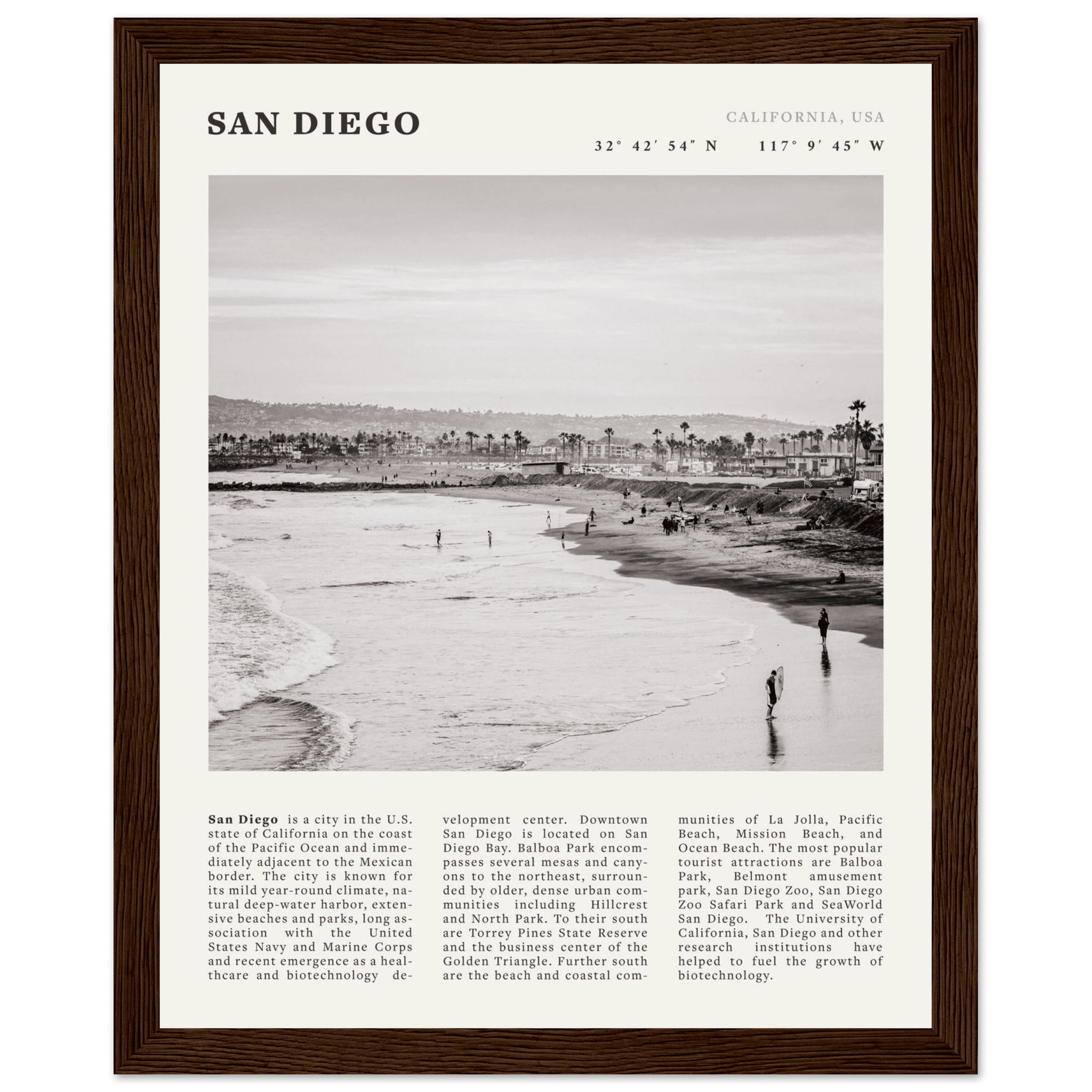 San Diego Poster | Black & White California Beach Wall Art | Coastal Travel Print Decor - Evergreen Posters