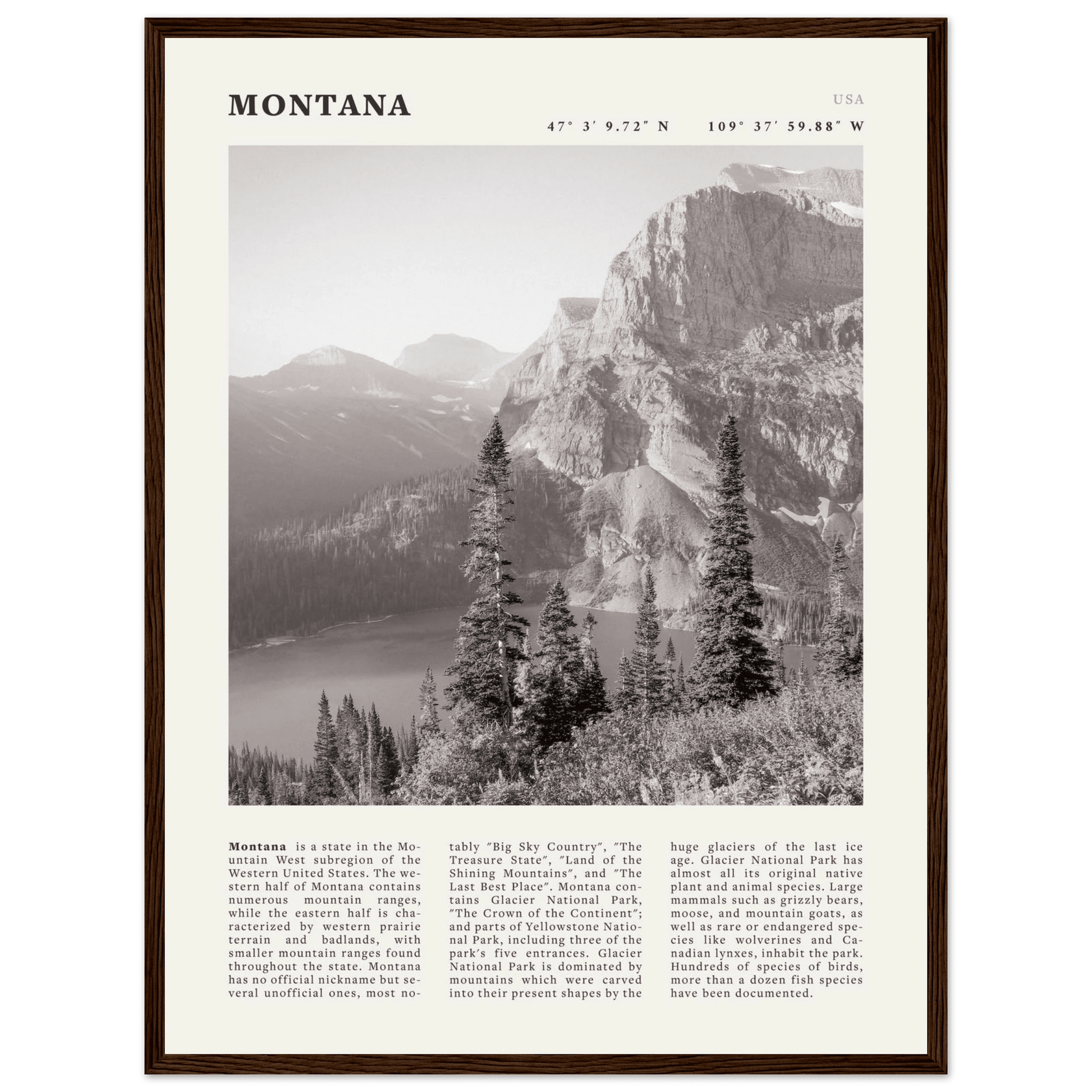 Montana Poster | Black & White Glacier National Park Wall Art | Nature Travel Print - Evergreen Posters
