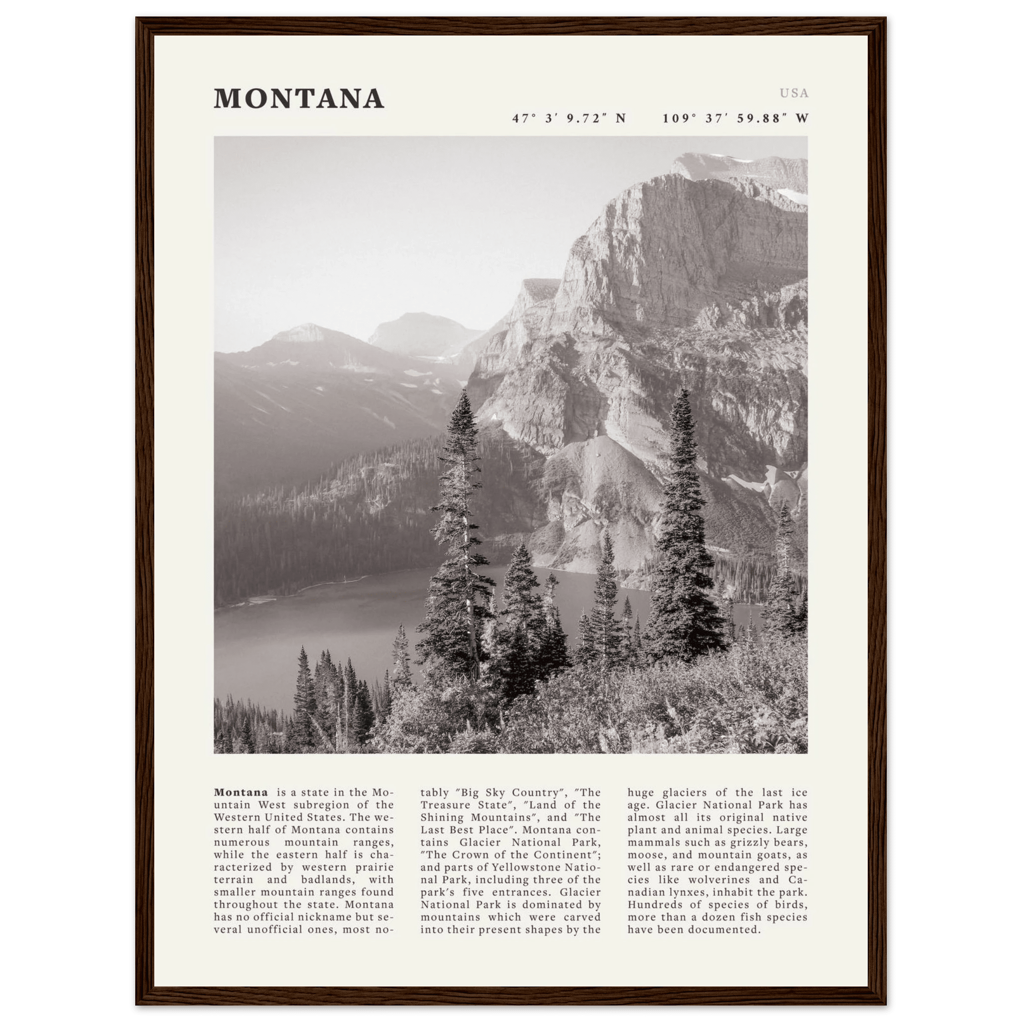 Montana Poster | Black & White Glacier National Park Wall Art | Nature Travel Print - Evergreen Posters