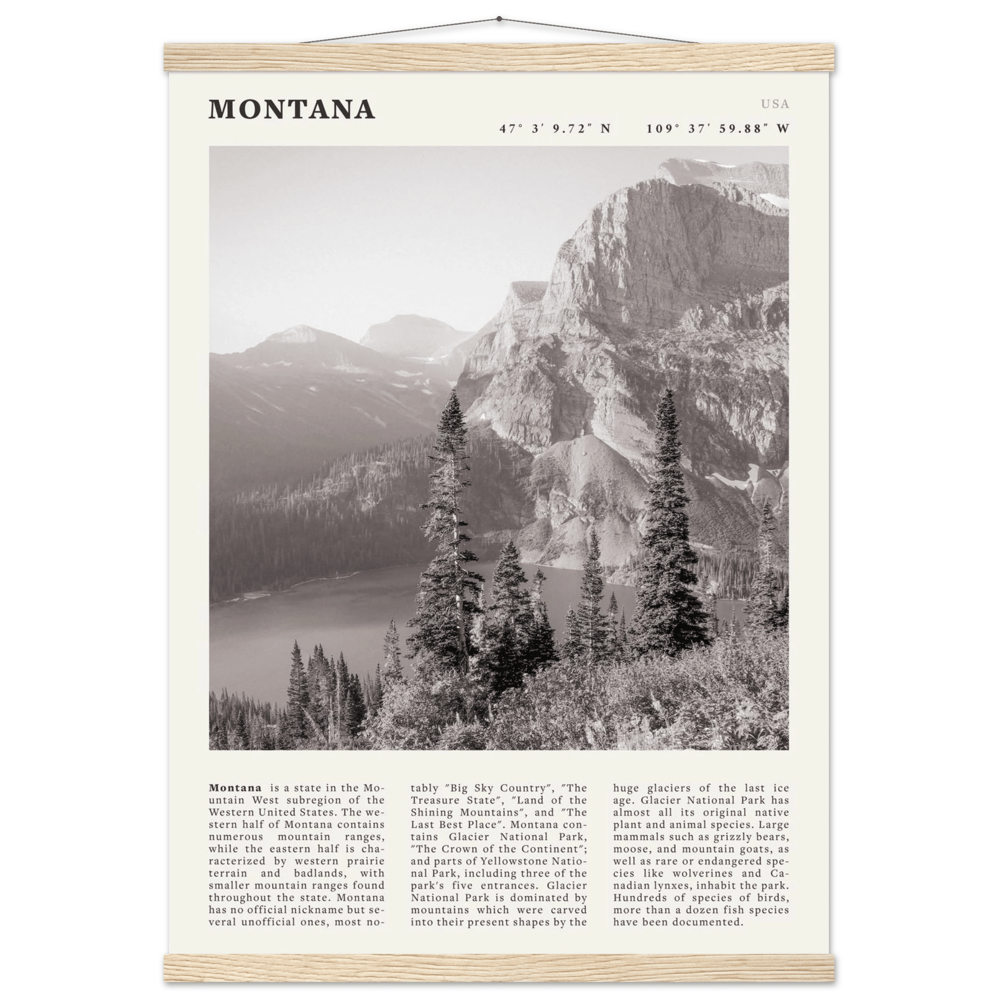 Montana Poster | Black & White Glacier National Park Wall Art | Nature Travel Print - Evergreen Posters