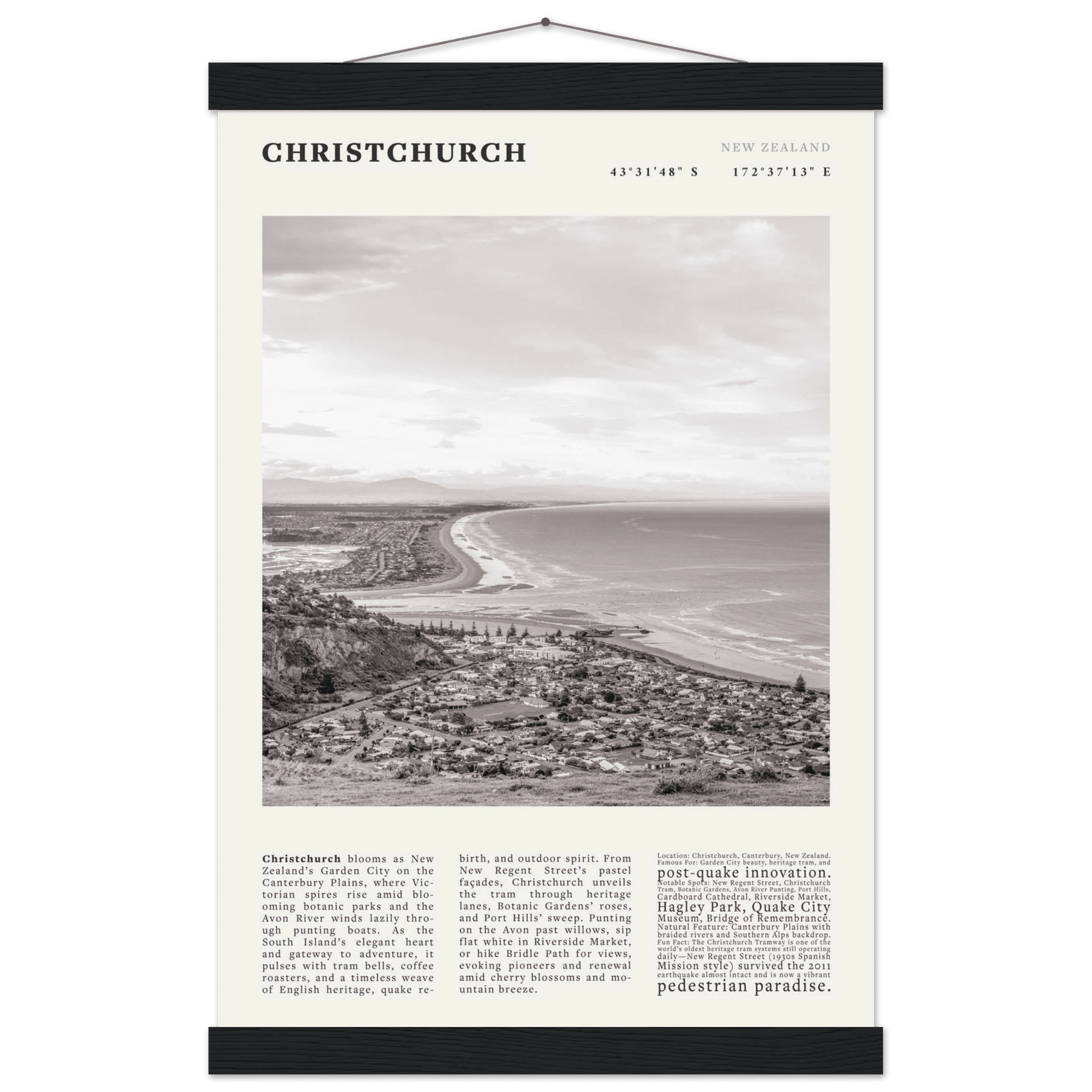 Christchurch New Zealand Poster Black and White – Vintage Garden City Panorama Print - Evergreen Posters