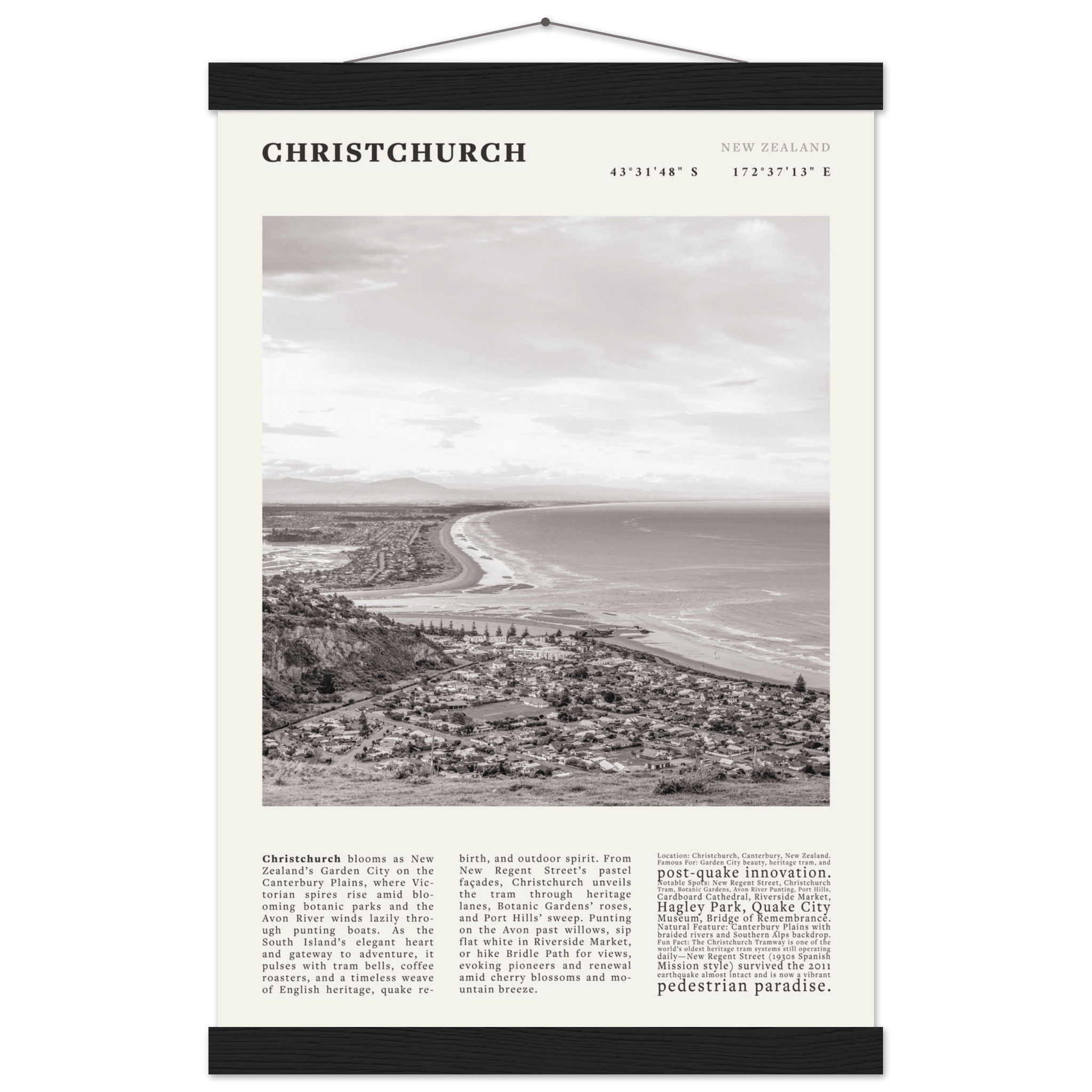 Christchurch New Zealand Poster Black and White – Vintage Garden City Panorama Print - Evergreen Posters