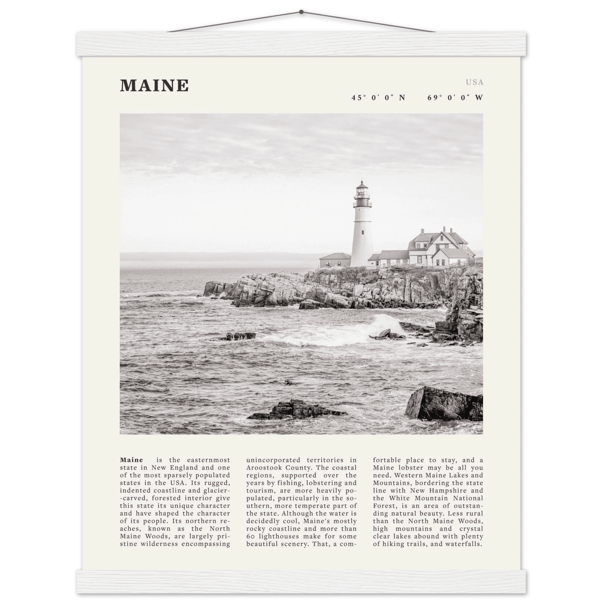 Maine Poster | Black & White Lighthouse Wall Art | New England Coastal Travel Print - Evergreen Posters