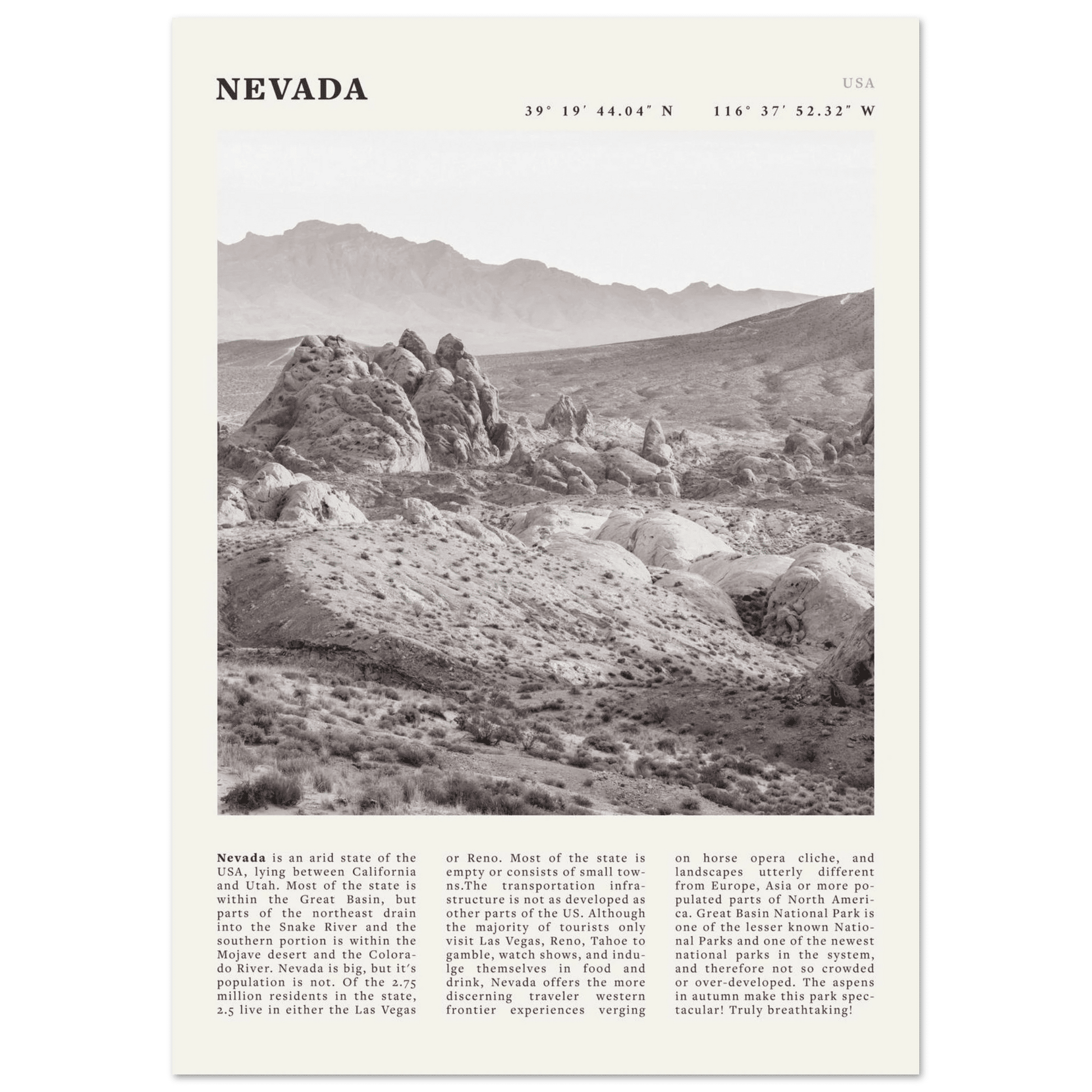 Nevada Poster | Black & White Desert Landscape Wall Art | USA Travel Print Decor - Evergreen Posters