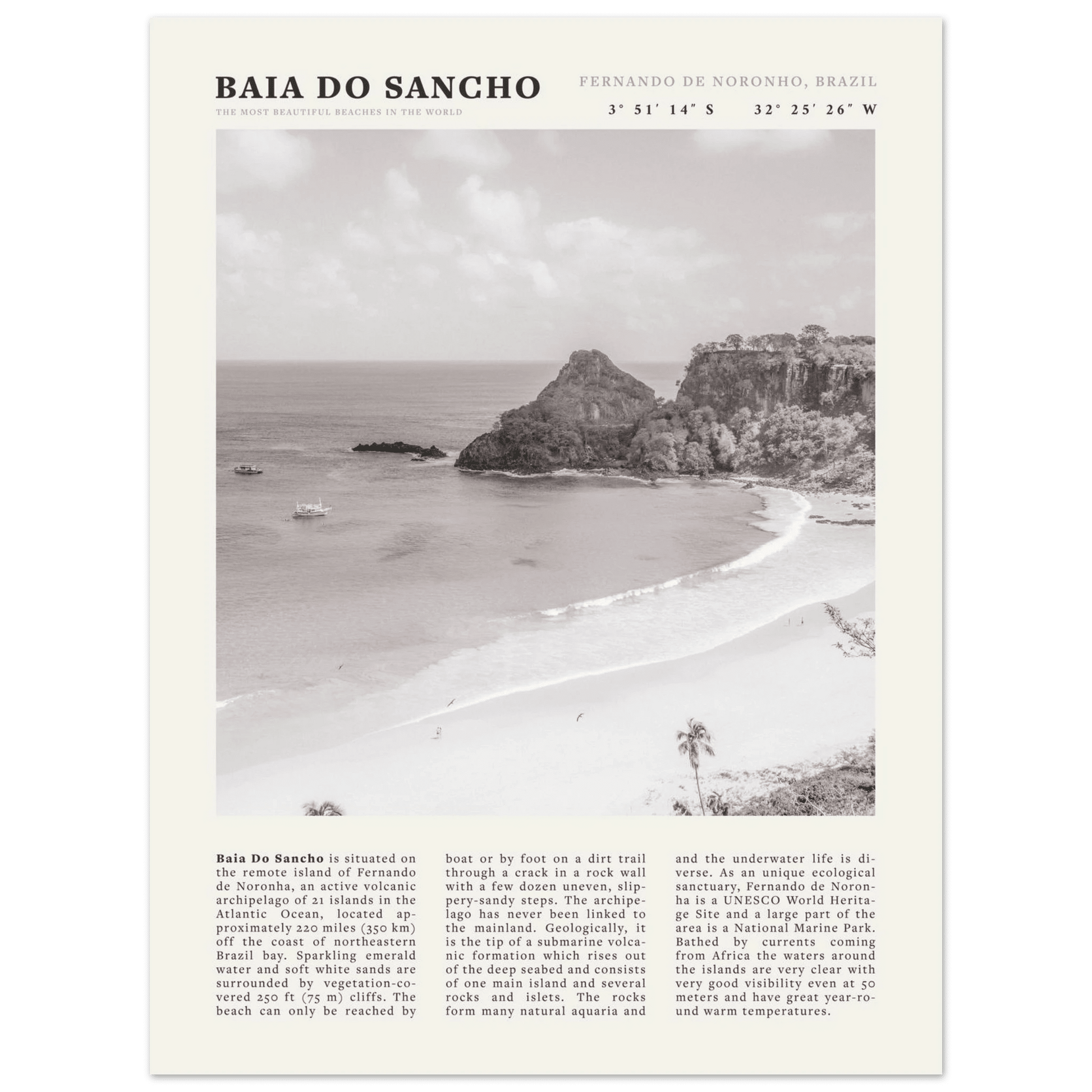 Baia Do Sancho Poster | Black & White Brazil Beach Wall Art | Fernando de Noronha - Evergreen Posters