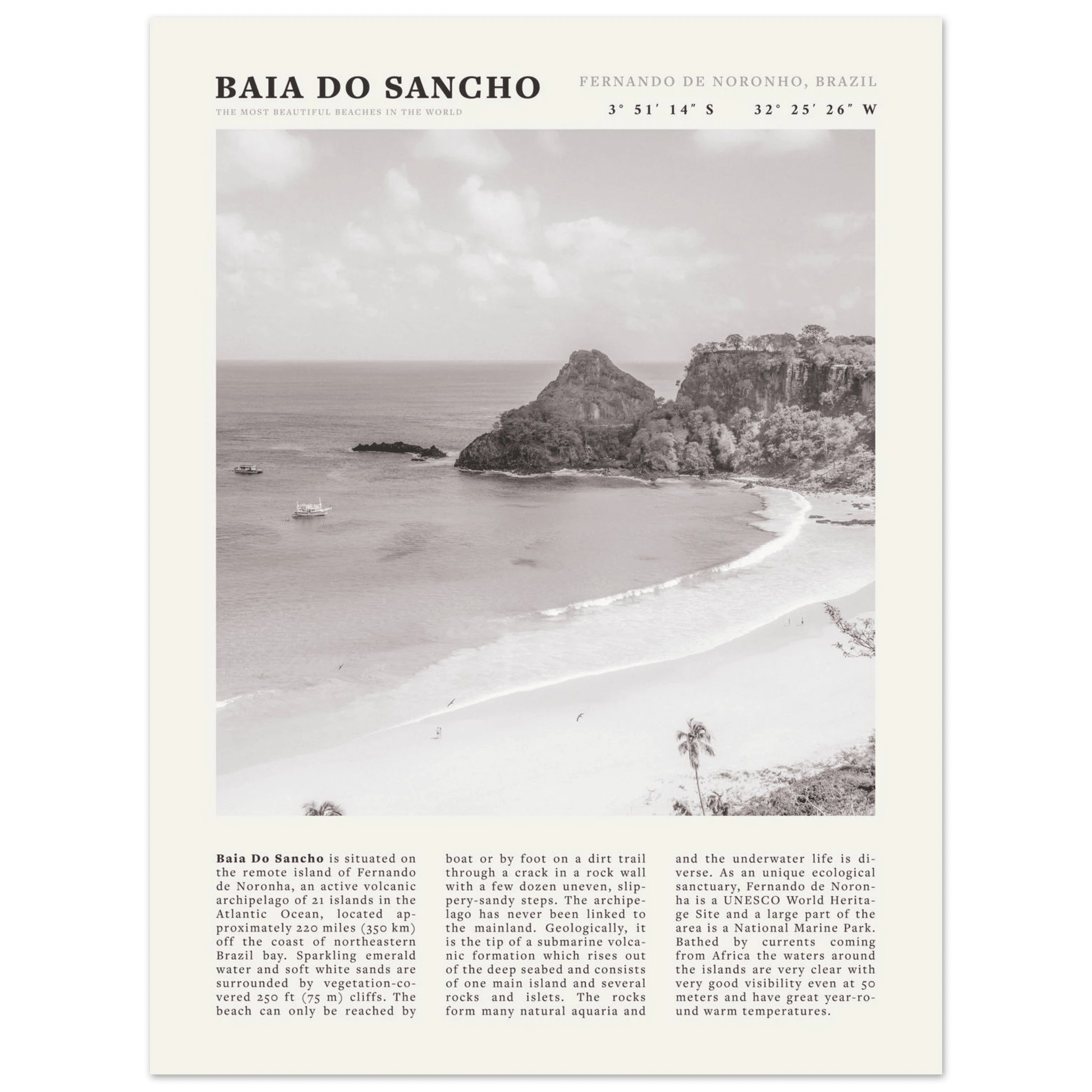 Baia Do Sancho Poster | Black & White Brazil Beach Wall Art | Fernando de Noronha - Evergreen Posters