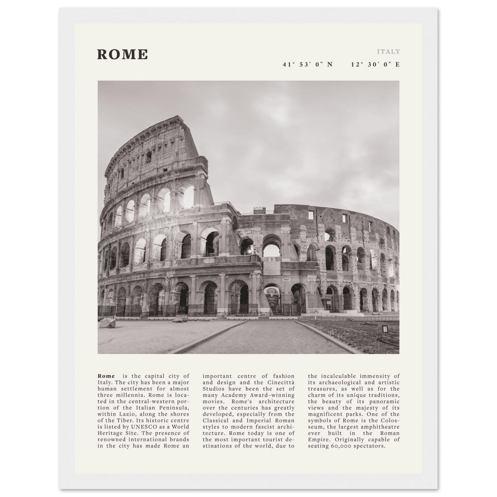 Rome Poster | Black & White Colosseum Wall Art | Italy Travel Print | Roman Decor - Evergreen Posters