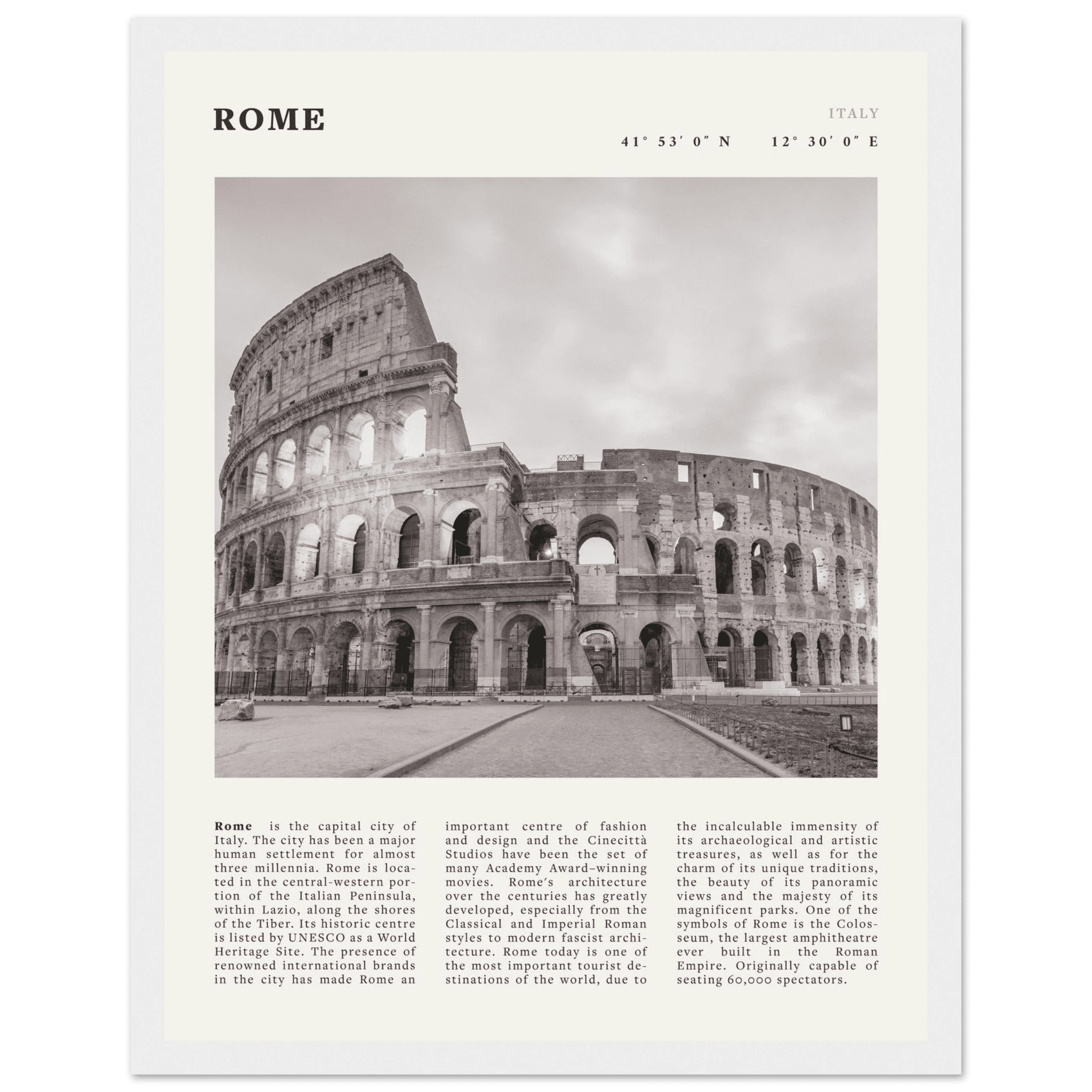 Rome Poster | Black & White Colosseum Wall Art | Italy Travel Print | Roman Decor - Evergreen Posters