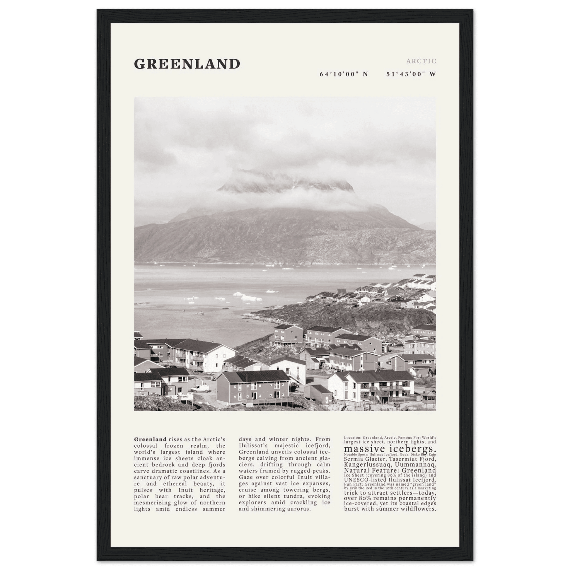 Greenland Poster Black and White – Vintage Arctic Fjord Landscape Print (Digital & Printed Options) - Evergreen Posters