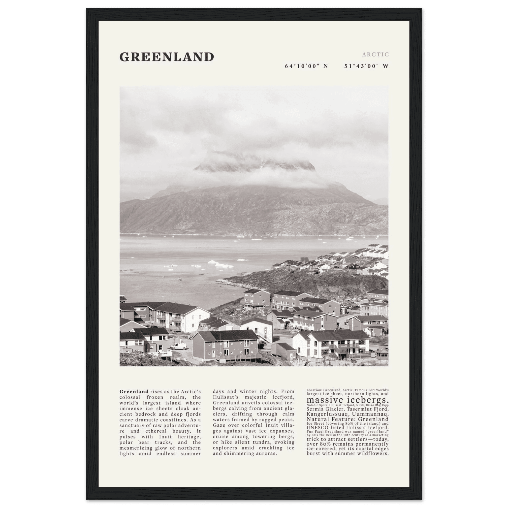 Greenland Poster Black and White – Vintage Arctic Fjord Landscape Print (Digital & Printed Options) - Evergreen Posters