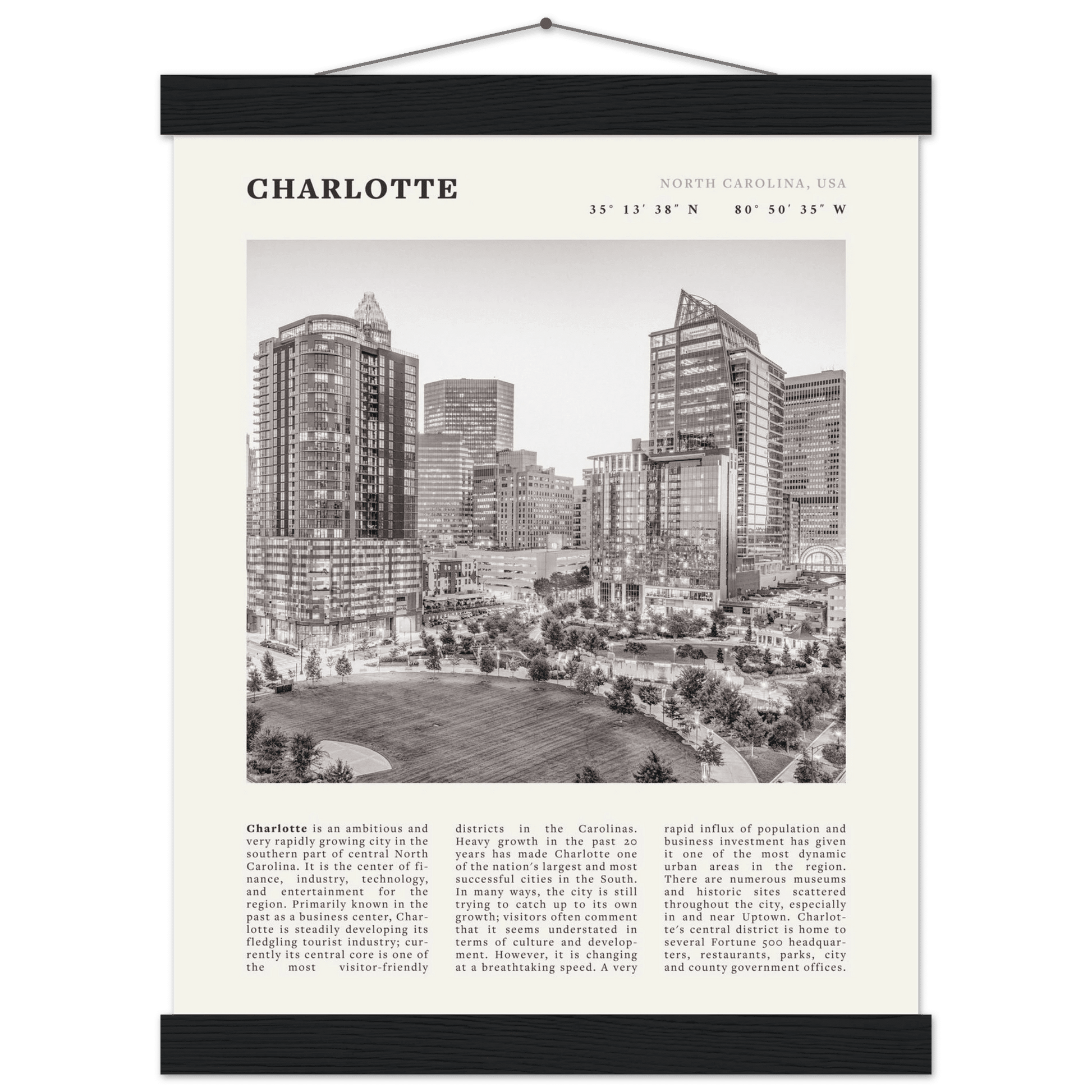 Charlotte Poster | Black & White North Carolina Skyline Wall Art | NC Travel Print - Evergreen Posters