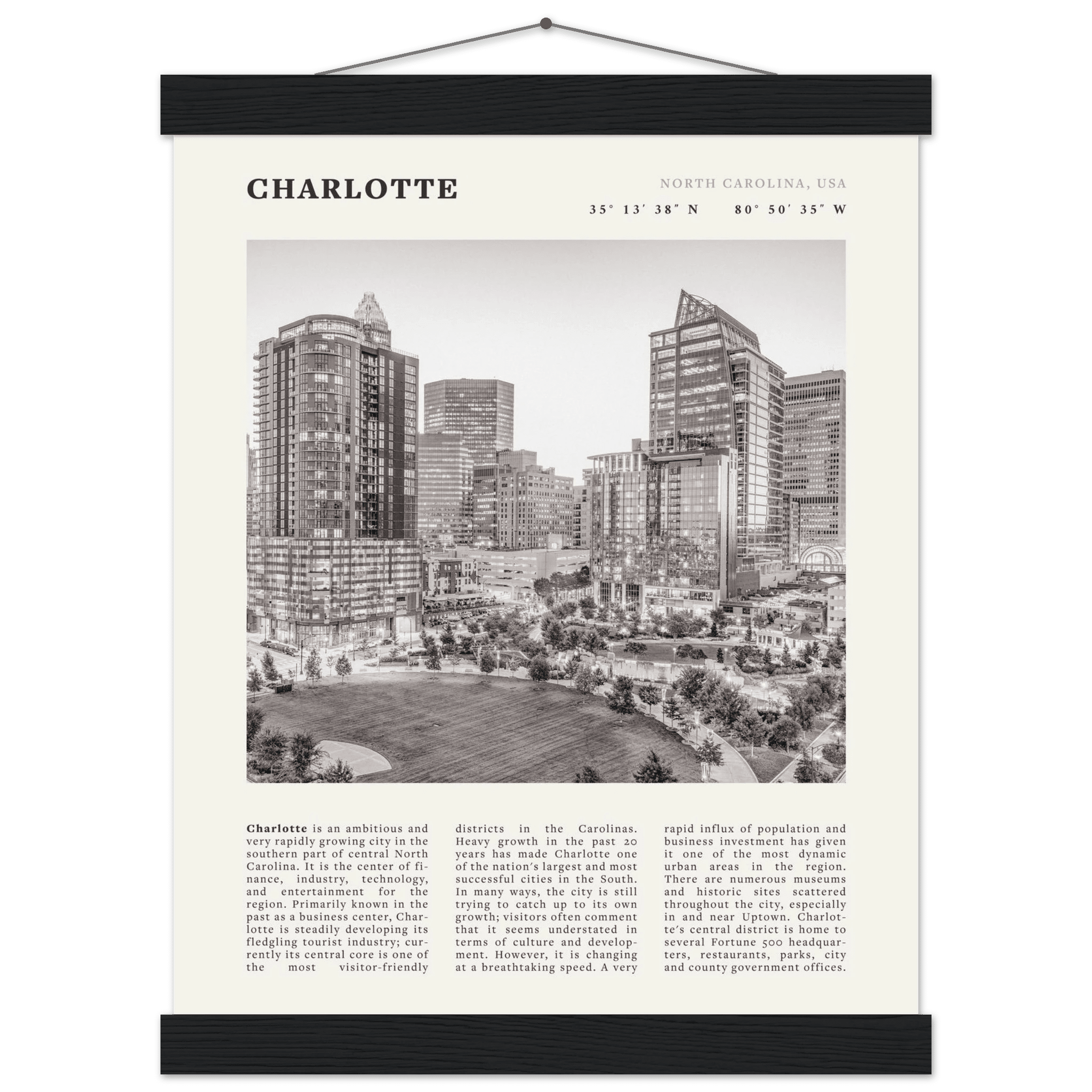 Charlotte Poster | Black & White North Carolina Skyline Wall Art | NC Travel Print - Evergreen Posters