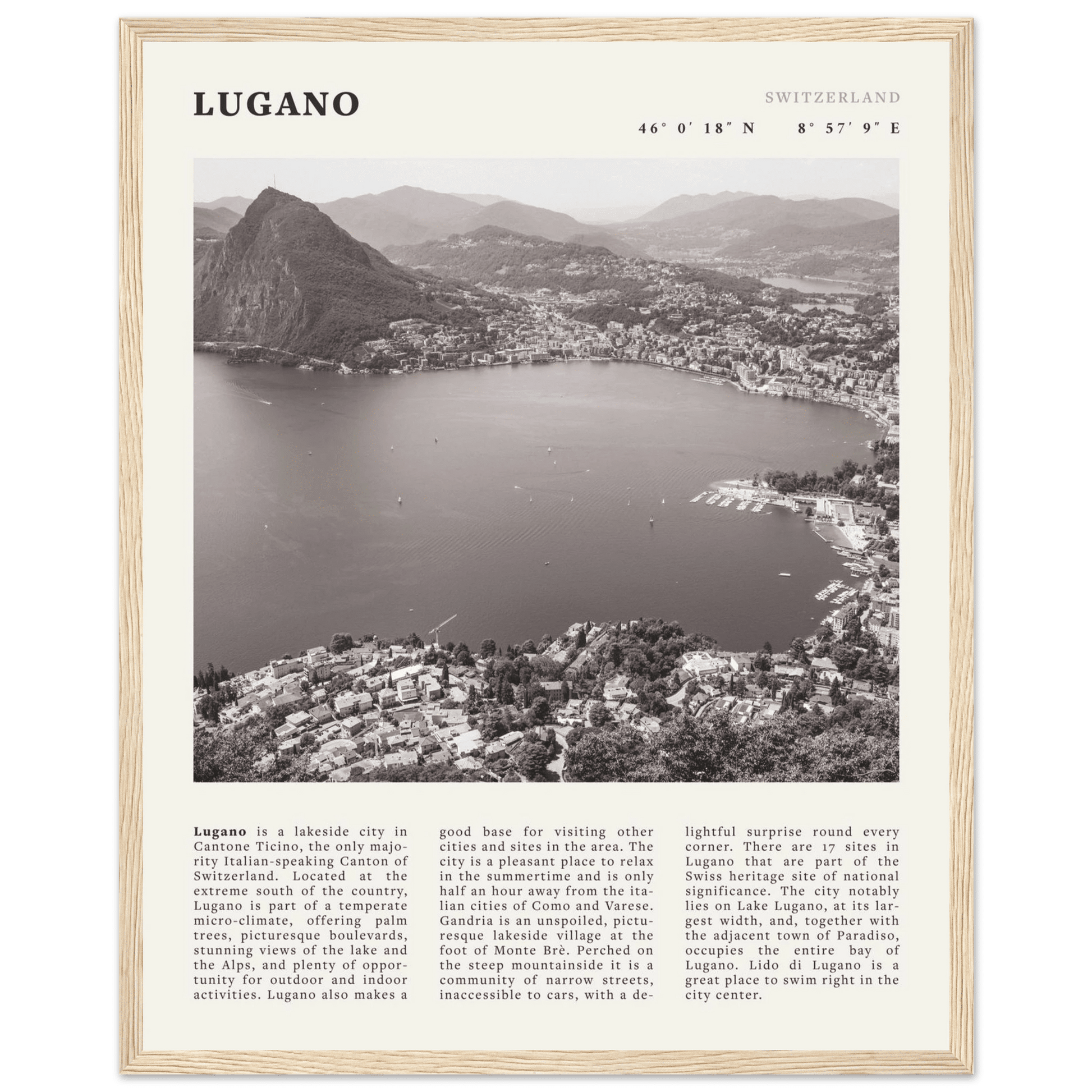Lugano Poster | Black & White Swiss Lake Wall Art | Switzerland Travel Print - Evergreen Posters