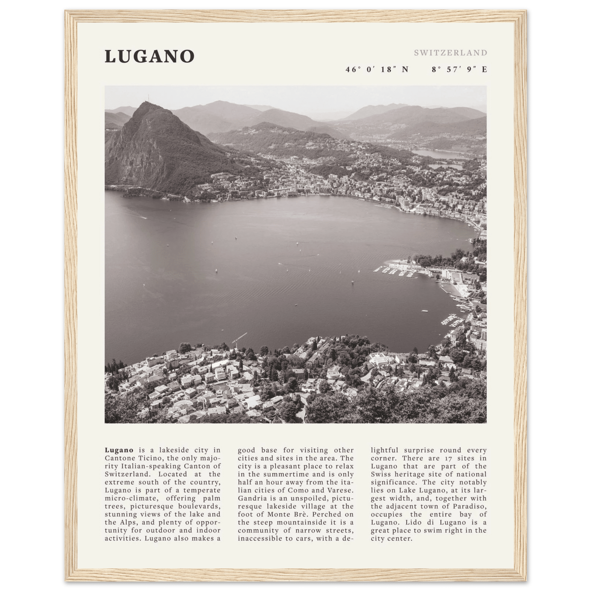 Lugano Poster | Black & White Swiss Lake Wall Art | Switzerland Travel Print - Evergreen Posters