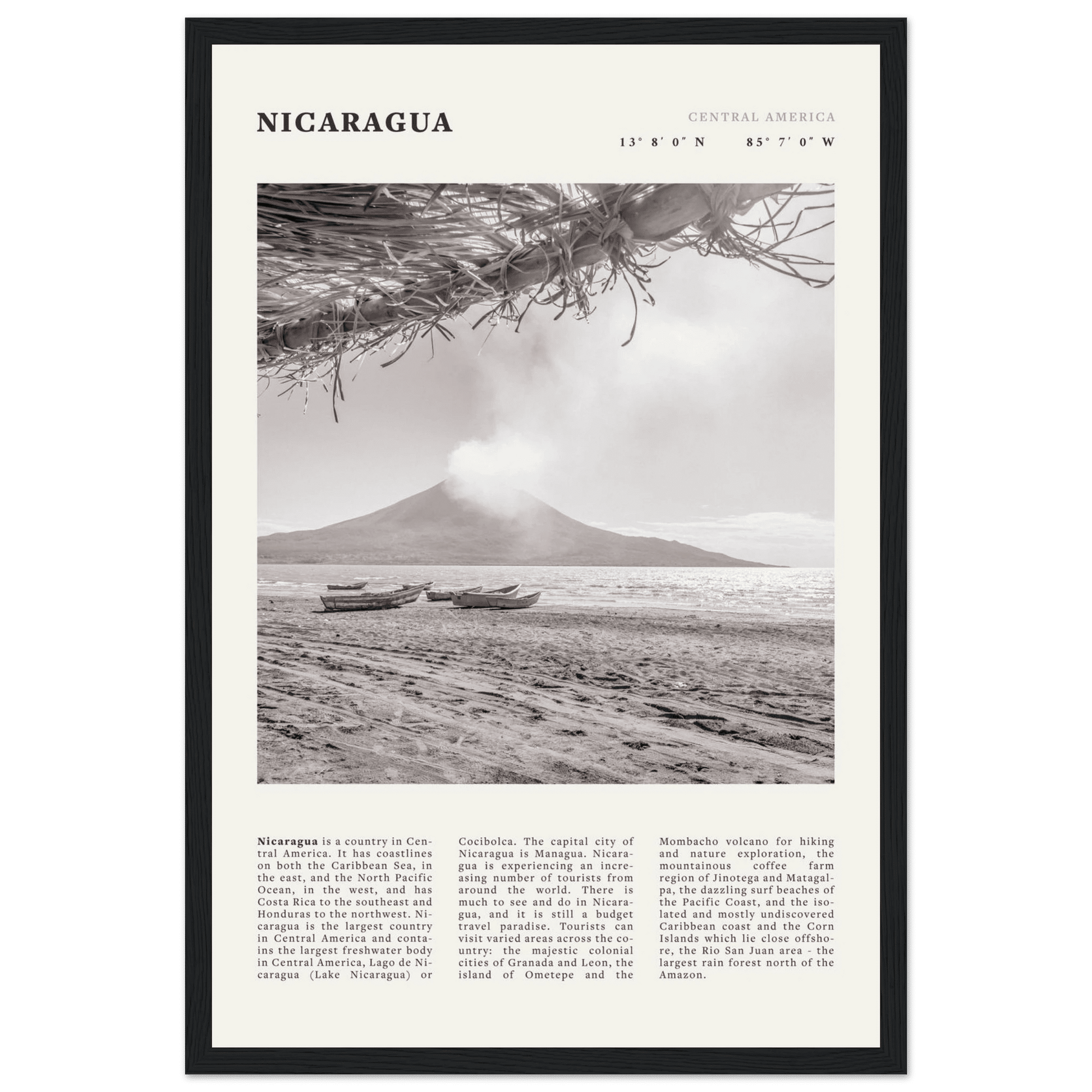 Nicaragua Poster | Black & White Volcano Wall Art | Central America Travel Print - Evergreen Posters