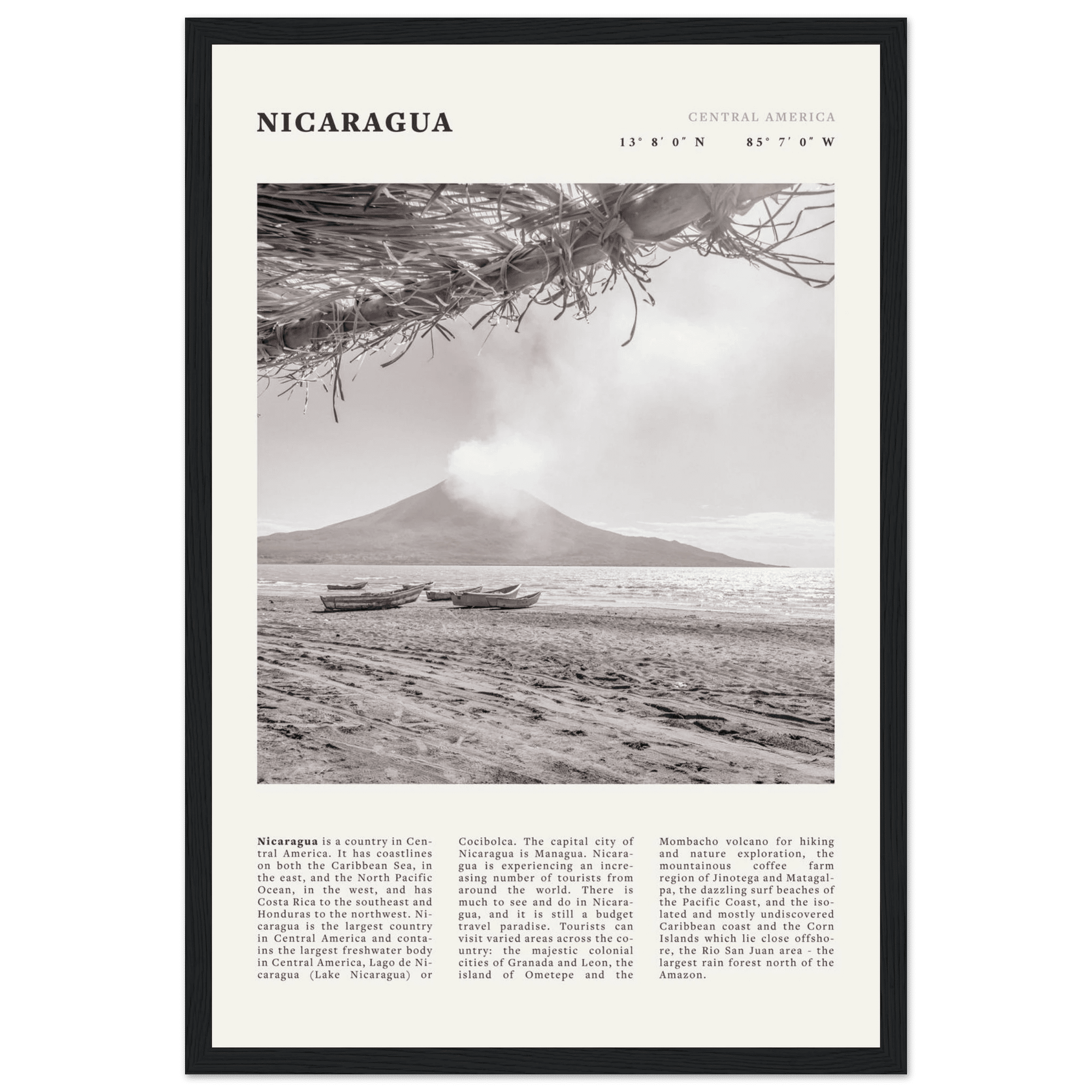 Nicaragua Poster | Black & White Volcano Wall Art | Central America Travel Print - Evergreen Posters