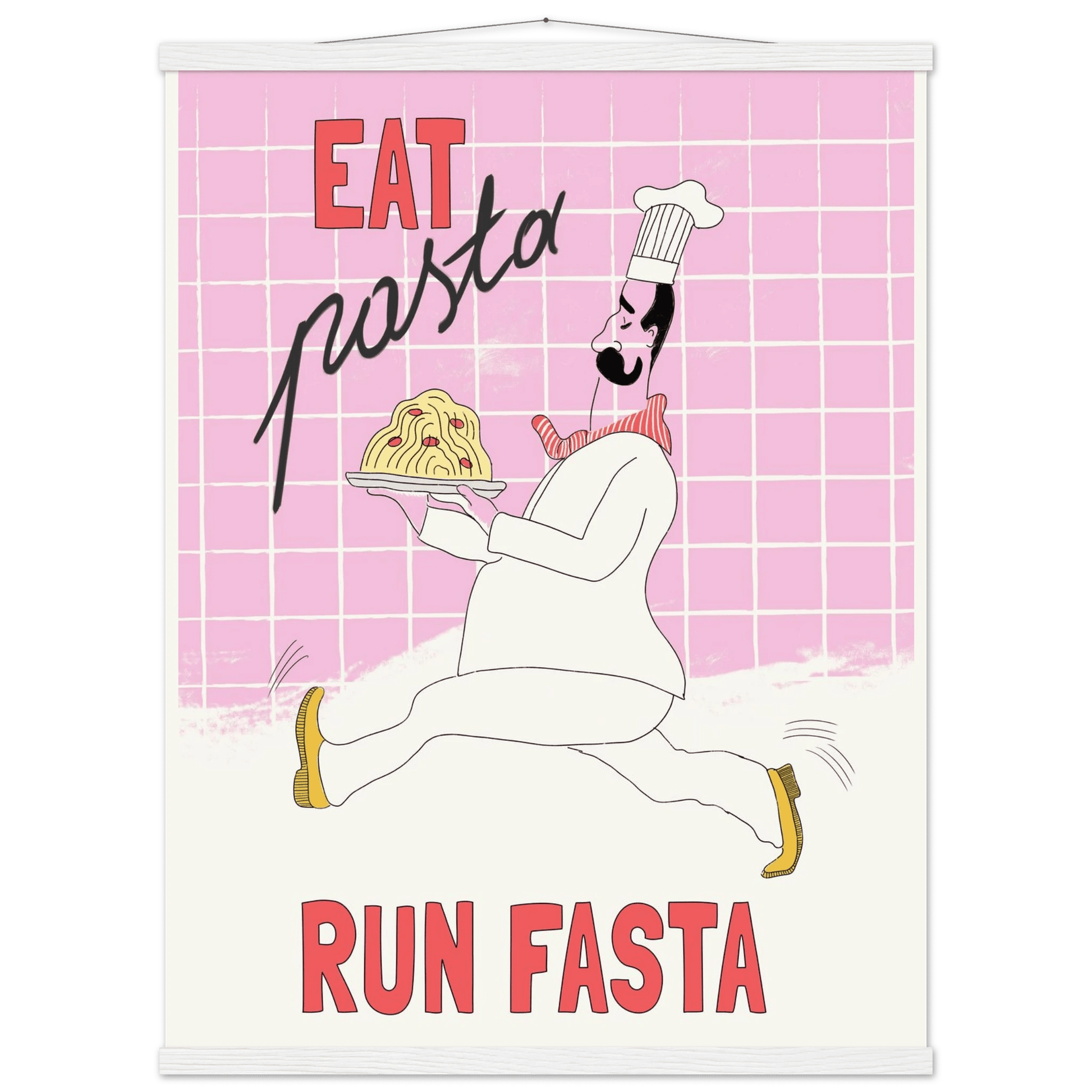 Eat Pasta Run Fasta Poster – Playful Kitchen Wall Art Print (Light Pink) - Evergreen Posters