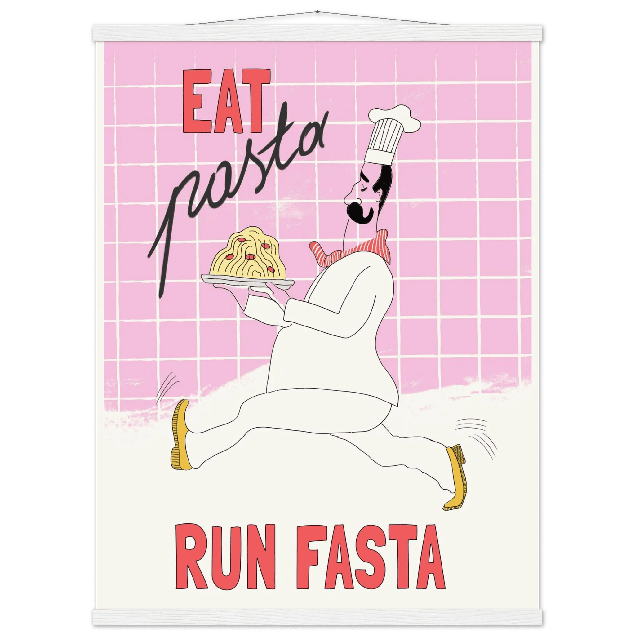 Eat Pasta Run Fasta Poster – Playful Kitchen Wall Art Print (Light Pink) - Evergreen Posters