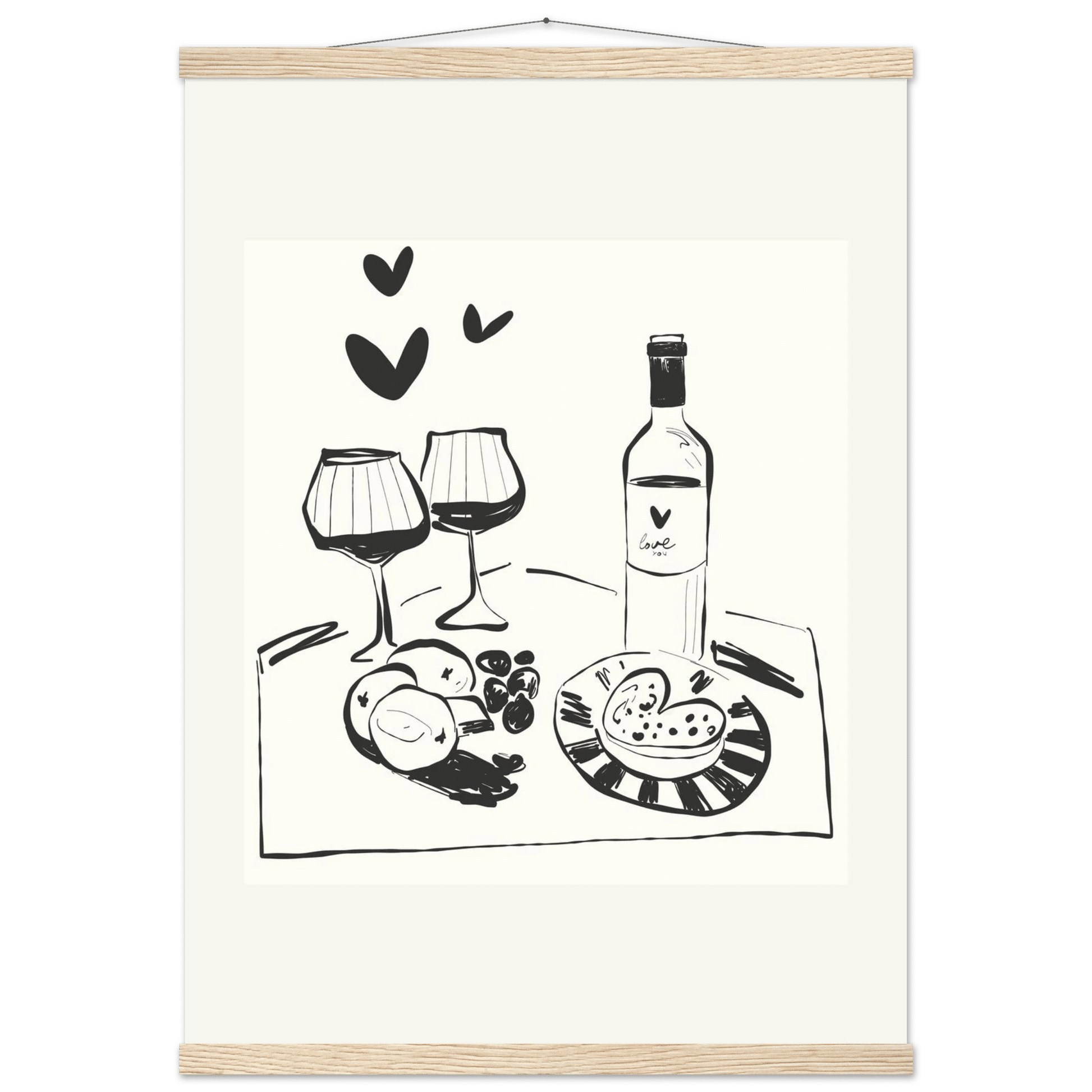 Wine for Two Print | Black Line Art Romantic Kitchen Wall Art | Couples Poster - Evergreen Posters