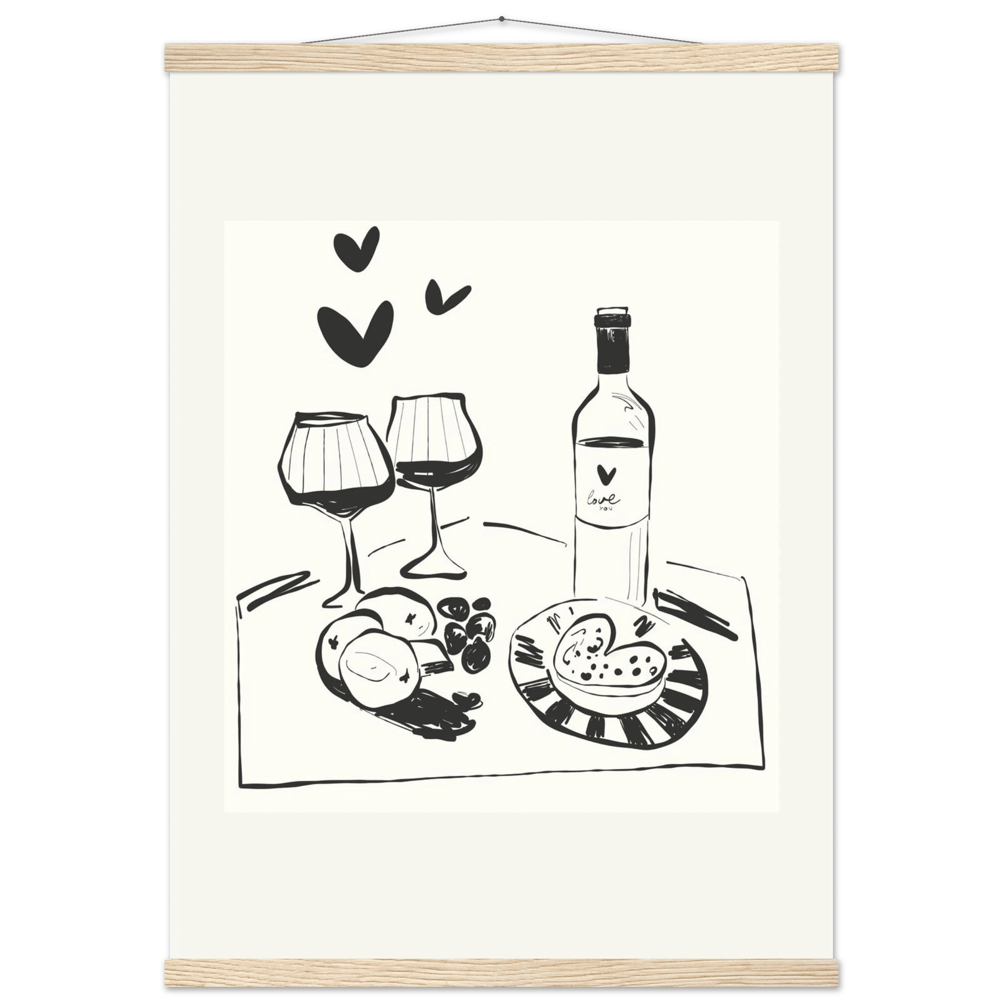 Wine for Two Print | Black Line Art Romantic Kitchen Wall Art | Couples Poster - Evergreen Posters