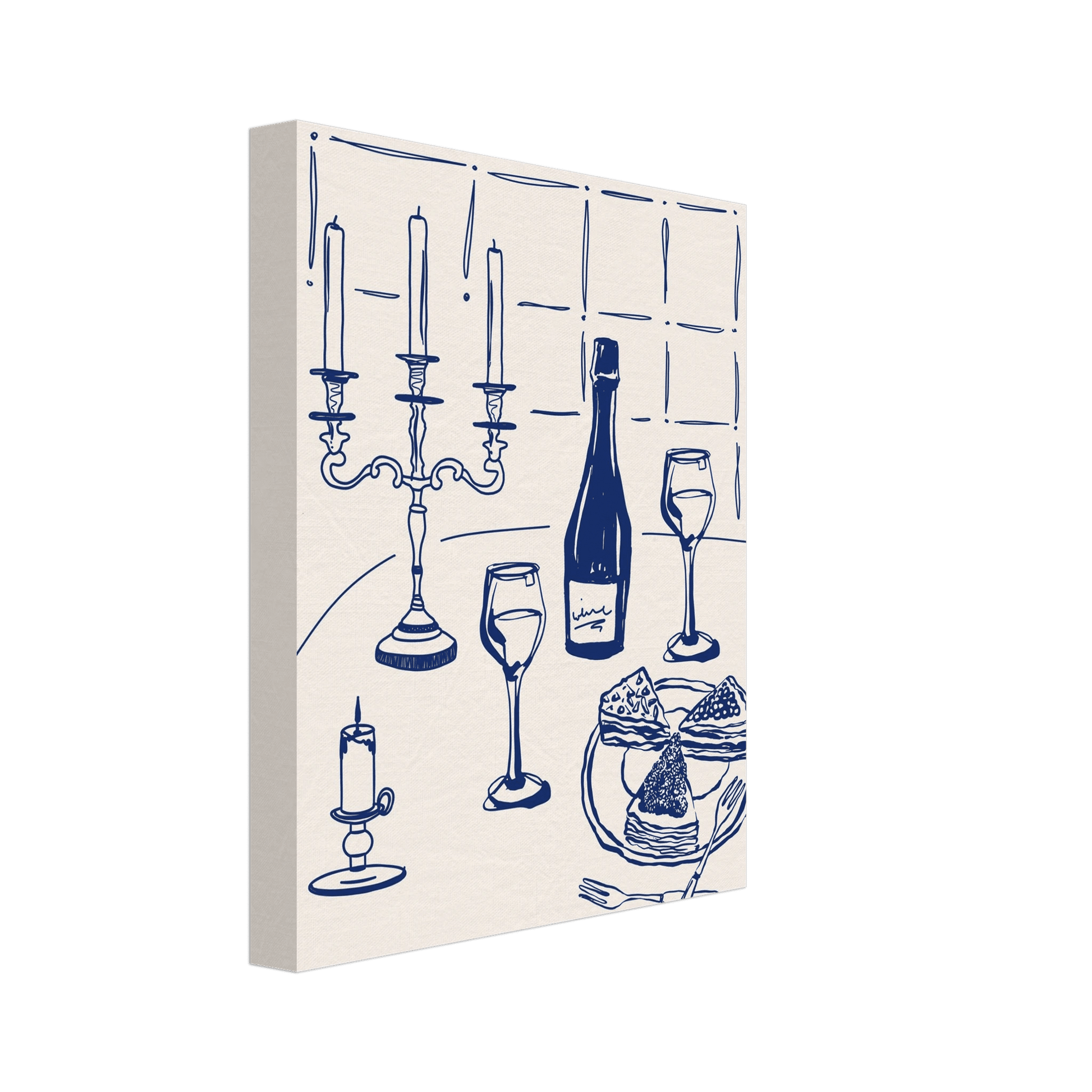 Candlelight Dinner Print | Navy Blue Wine & Candelabra Line Art | Kitchen Poster - Evergreen Posters