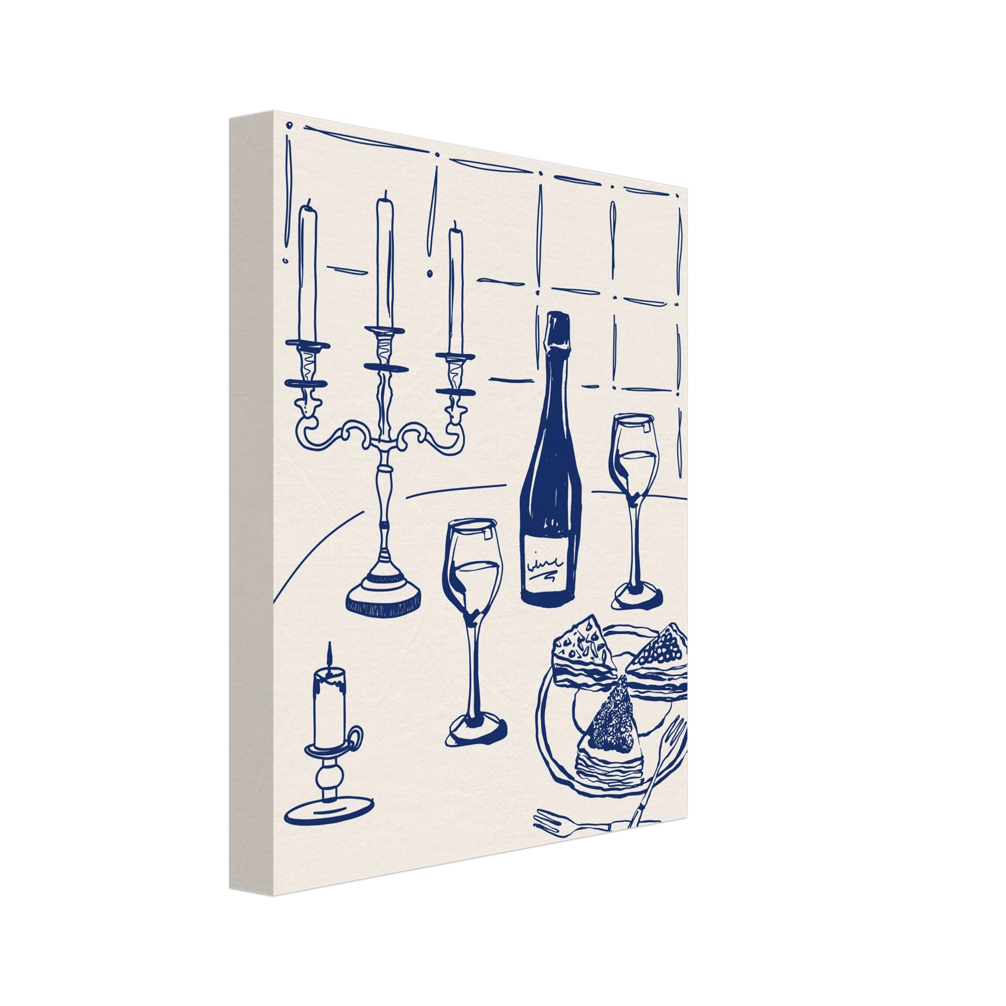 Candlelight Dinner Print | Navy Blue Wine & Candelabra Line Art | Kitchen Poster - Evergreen Posters