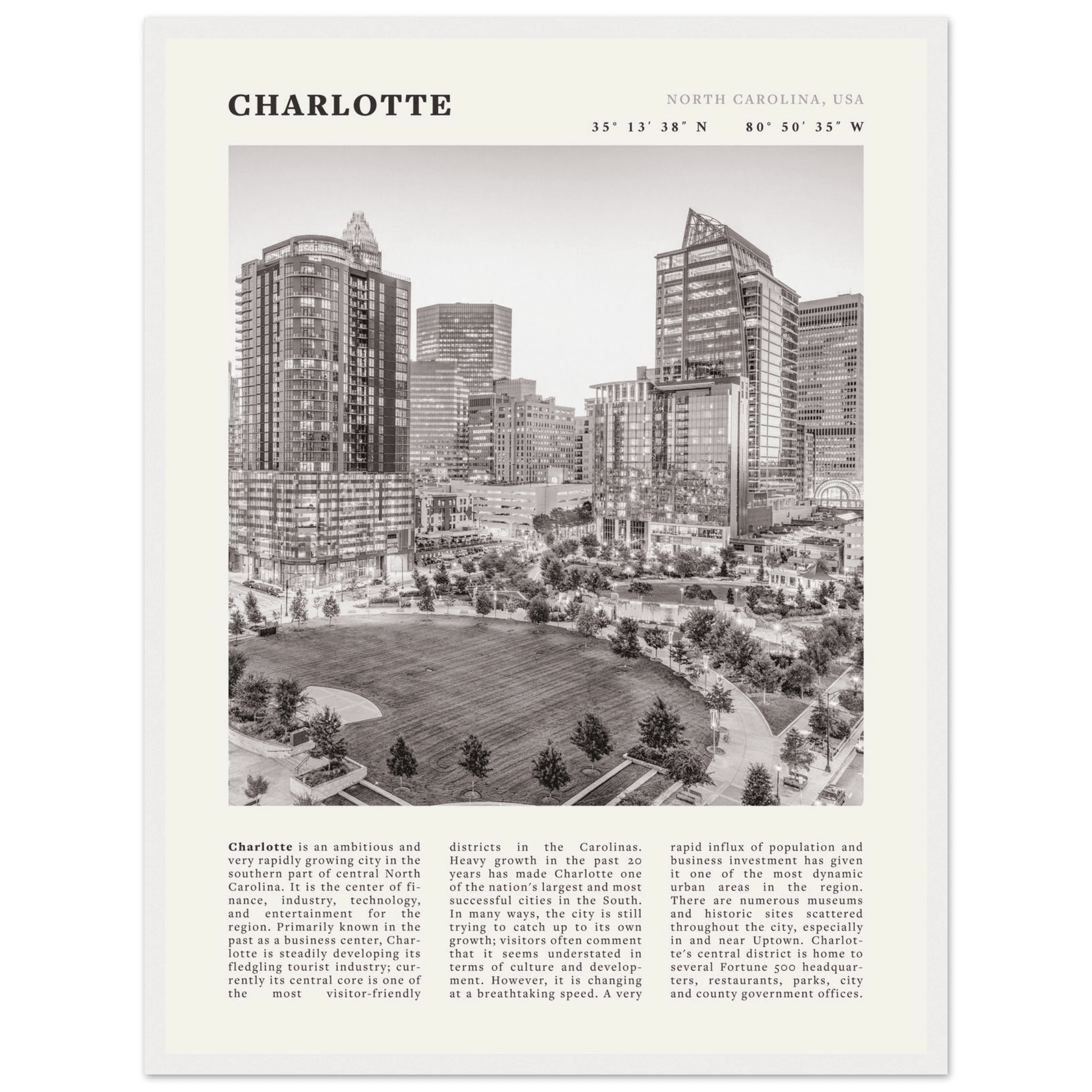 Charlotte Poster | Black & White North Carolina Skyline Wall Art | NC Travel Print - Evergreen Posters