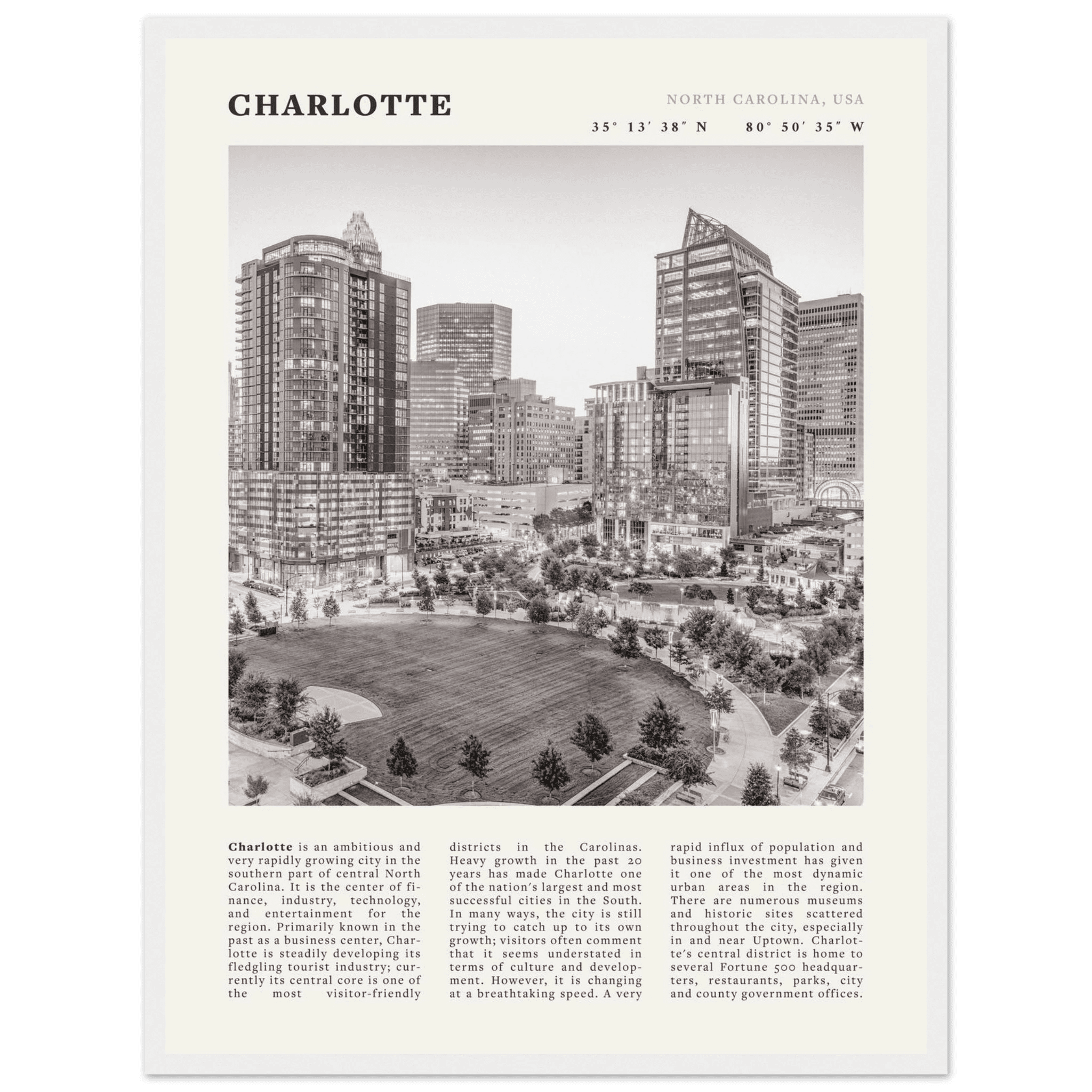 Charlotte Poster | Black & White North Carolina Skyline Wall Art | NC Travel Print - Evergreen Posters