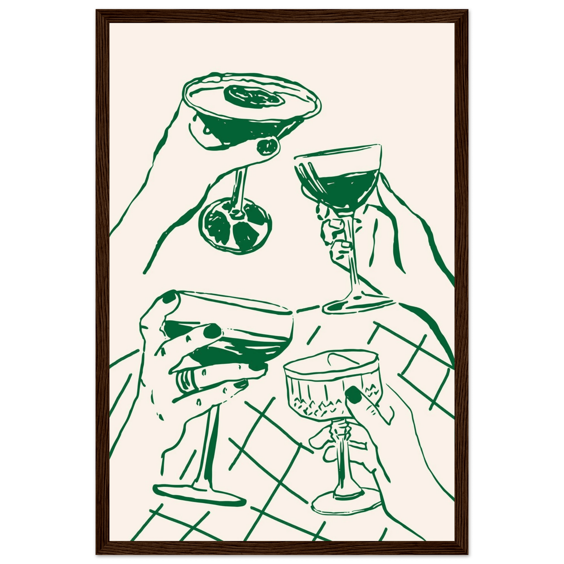 Cheers Print | Forest Green Cocktail Glasses Wall Art | Kitchen Bar Poster - Evergreen Posters